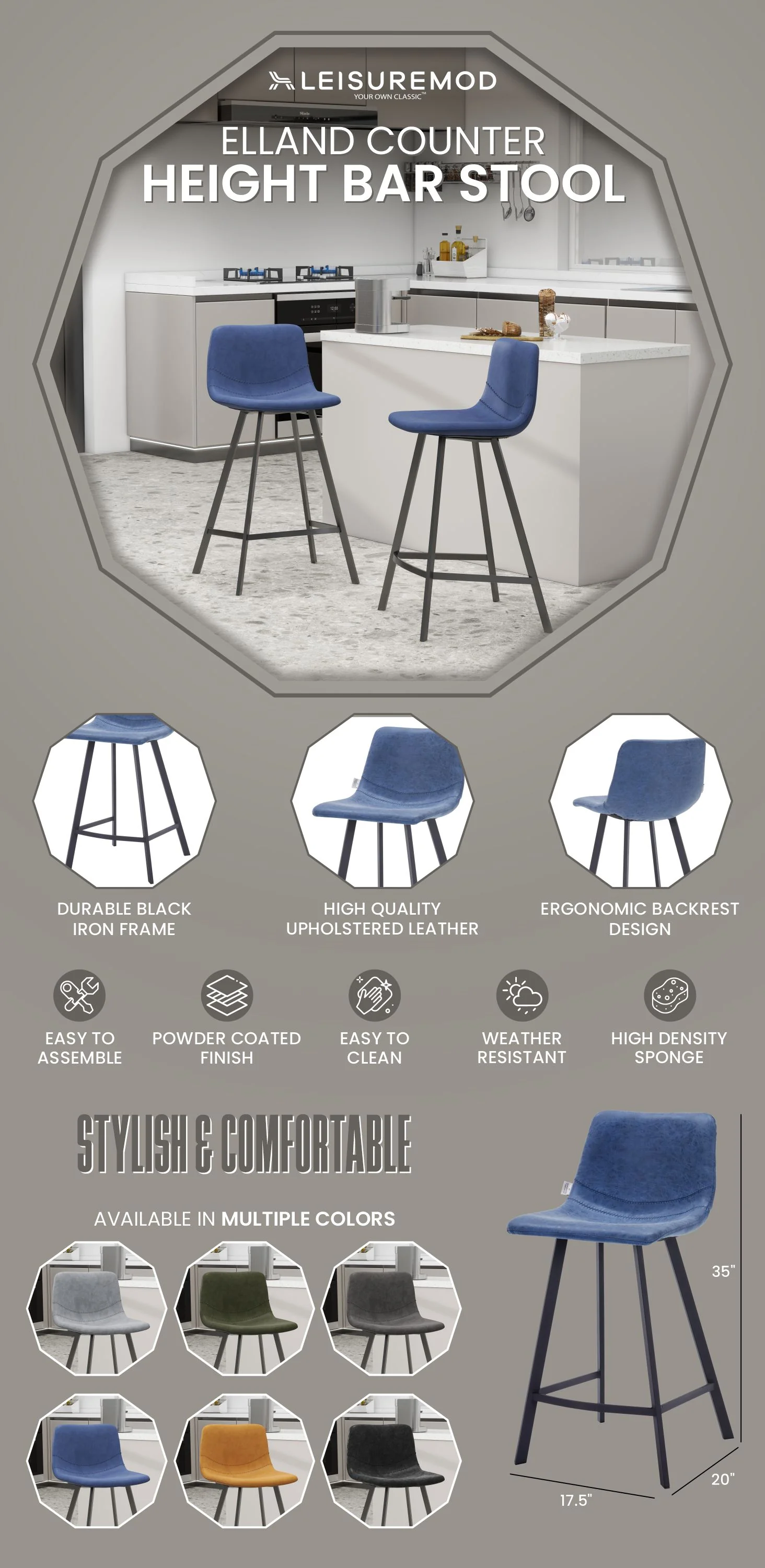 Elland - Counter stool - Peacock Blue