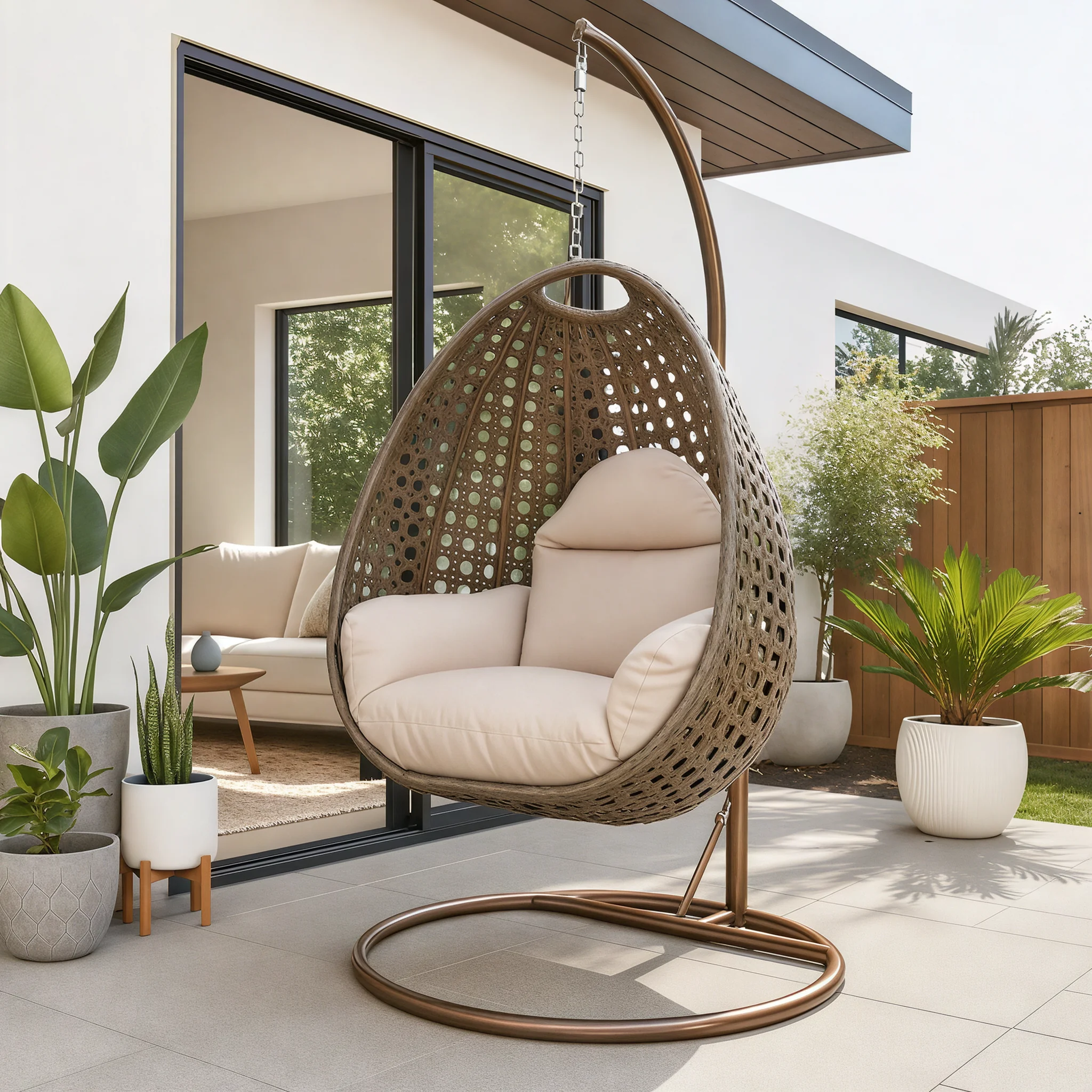 Beige Wicker Hanging Egg Swing Chair