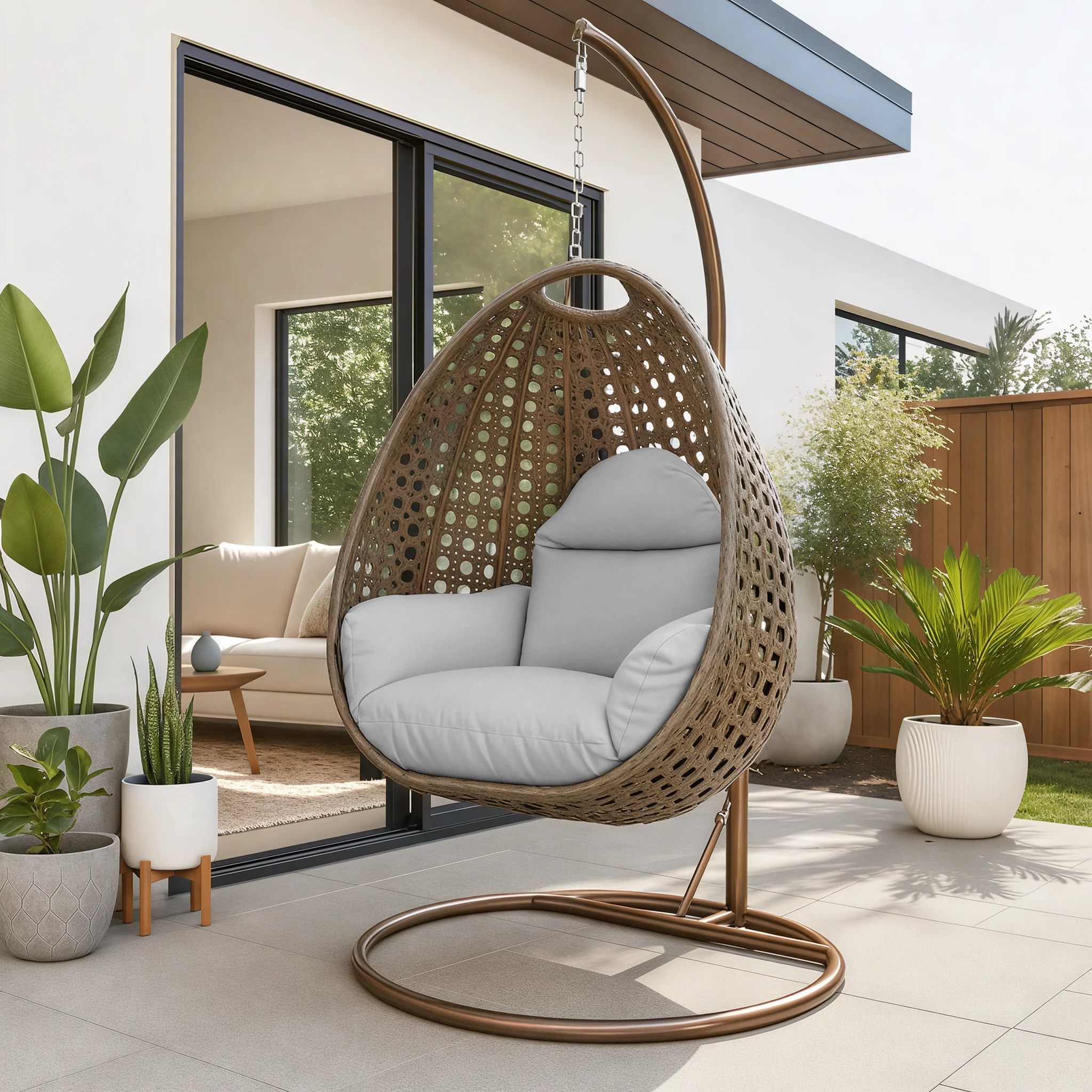 Beige Wicker Hanging Egg Swing Chair