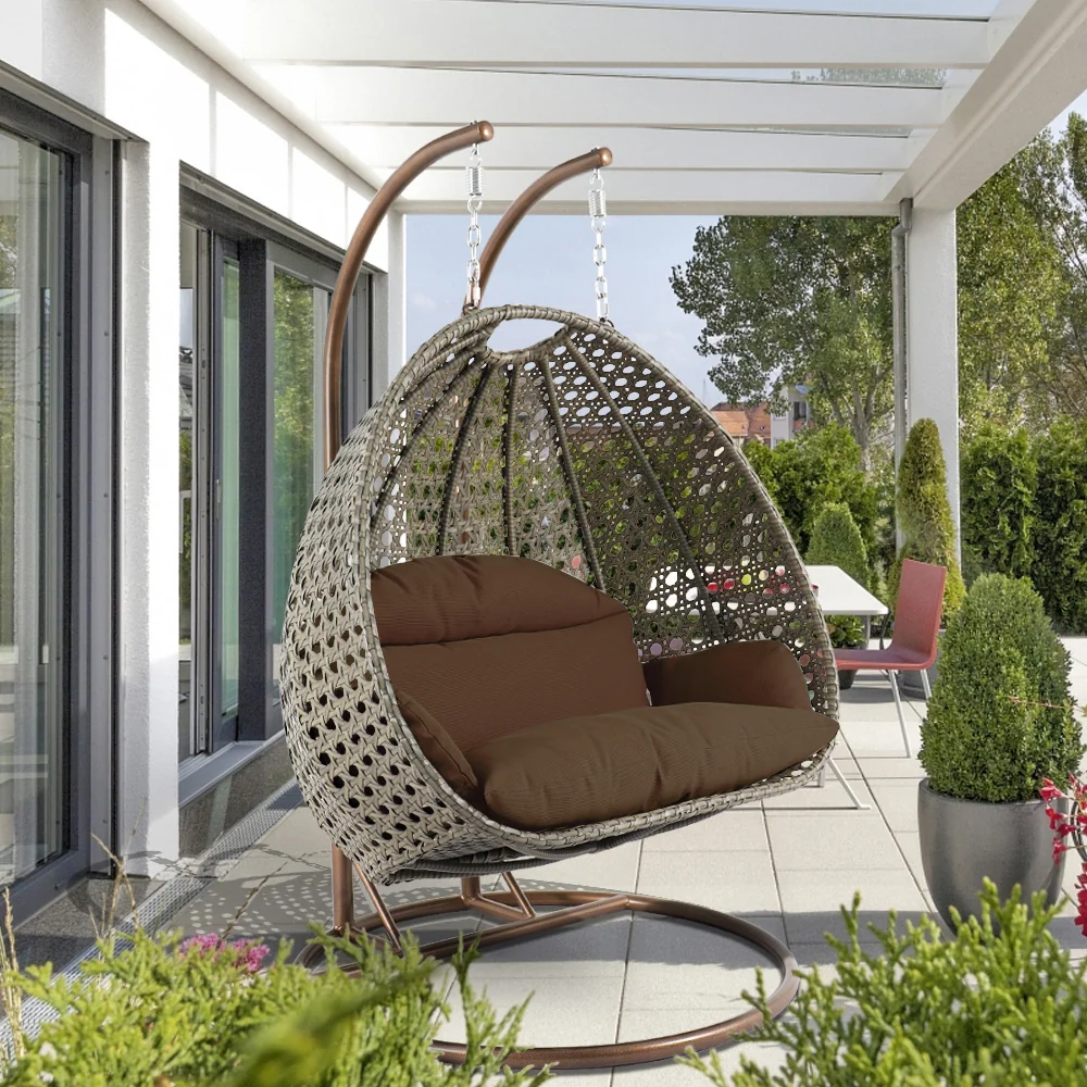 Beige Wicker Hanging 2 person Egg Swing Chair