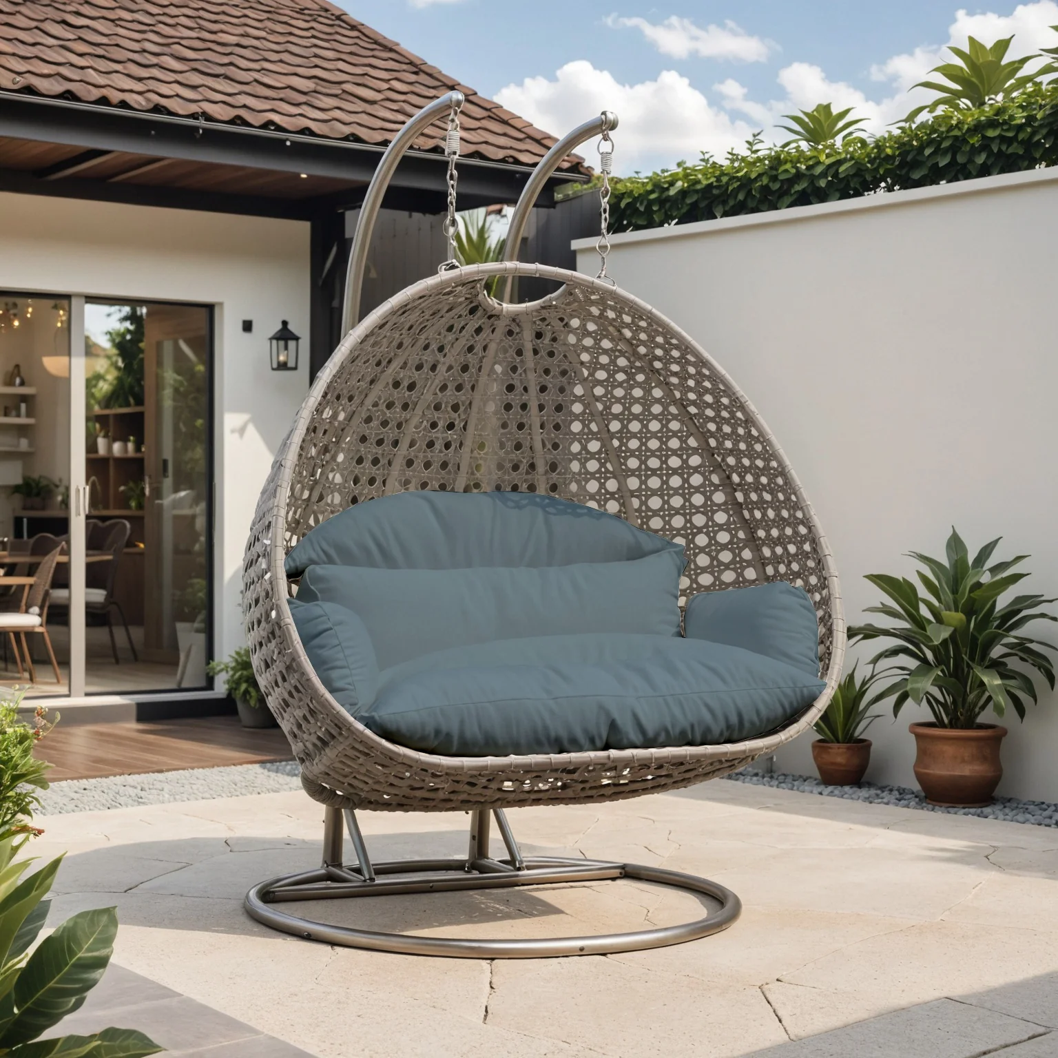 Beige Wicker Hanging 2 person Egg Swing Chair
