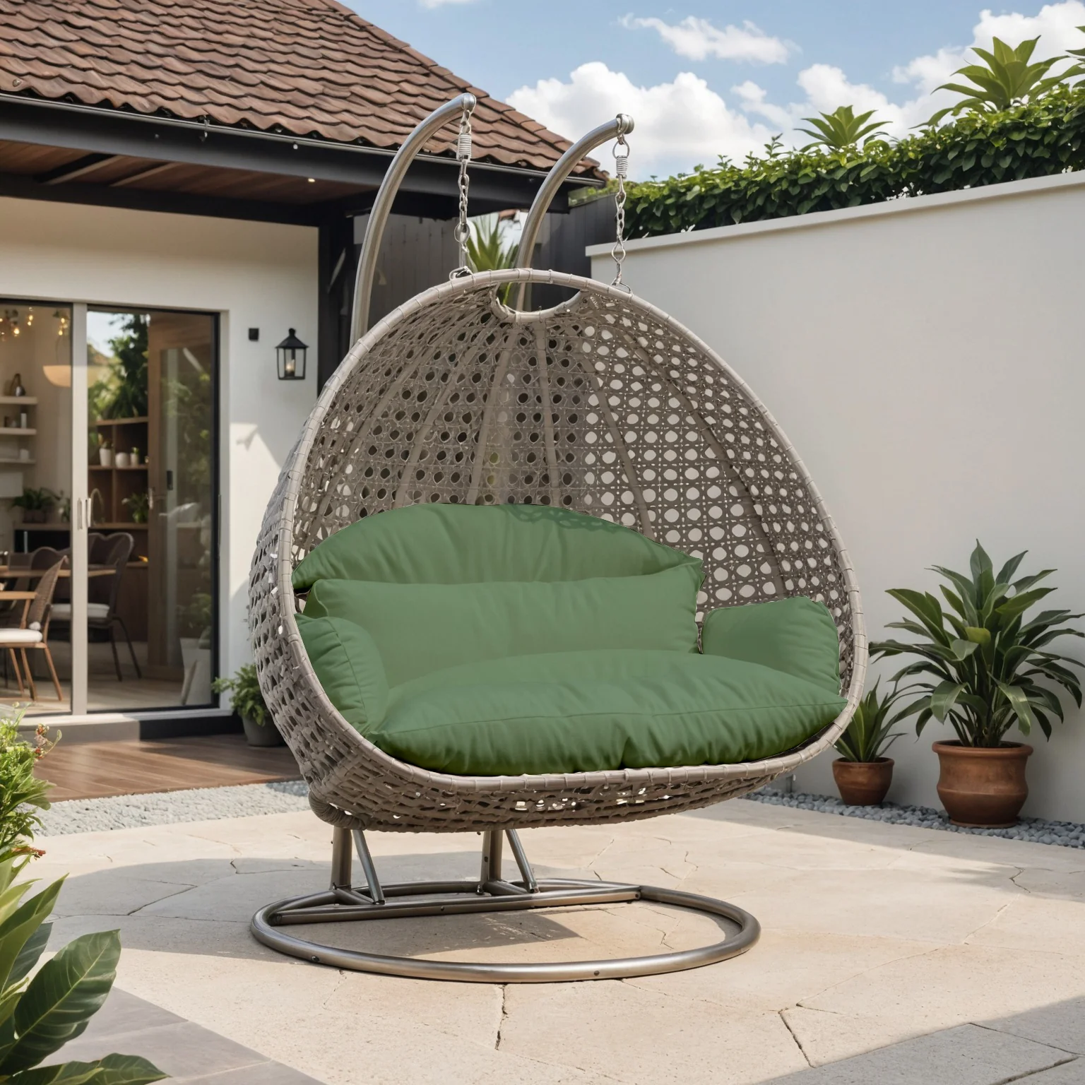 Beige Wicker Hanging 2 person Egg Swing Chair
