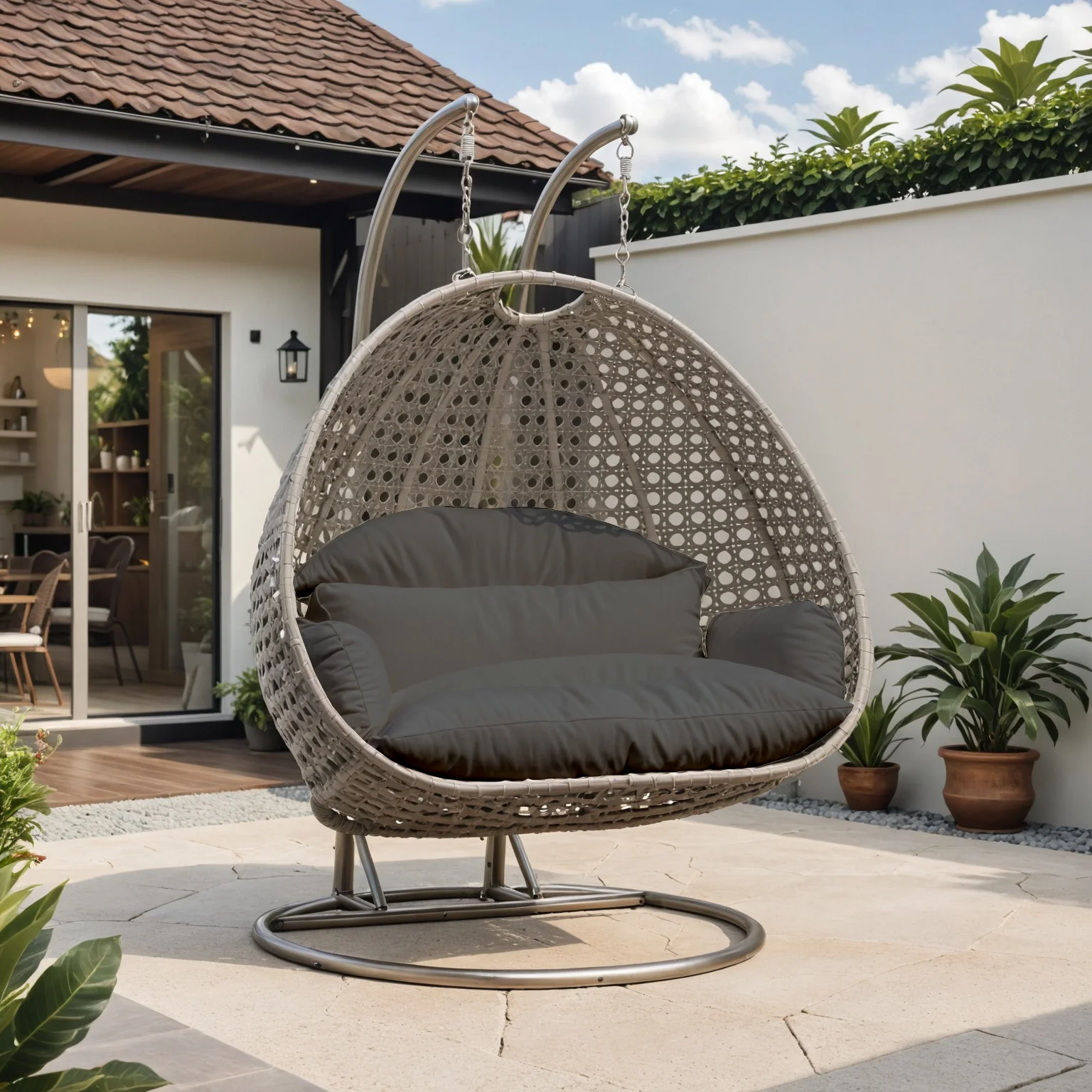 Beige Wicker Hanging 2 person Egg Swing Chair