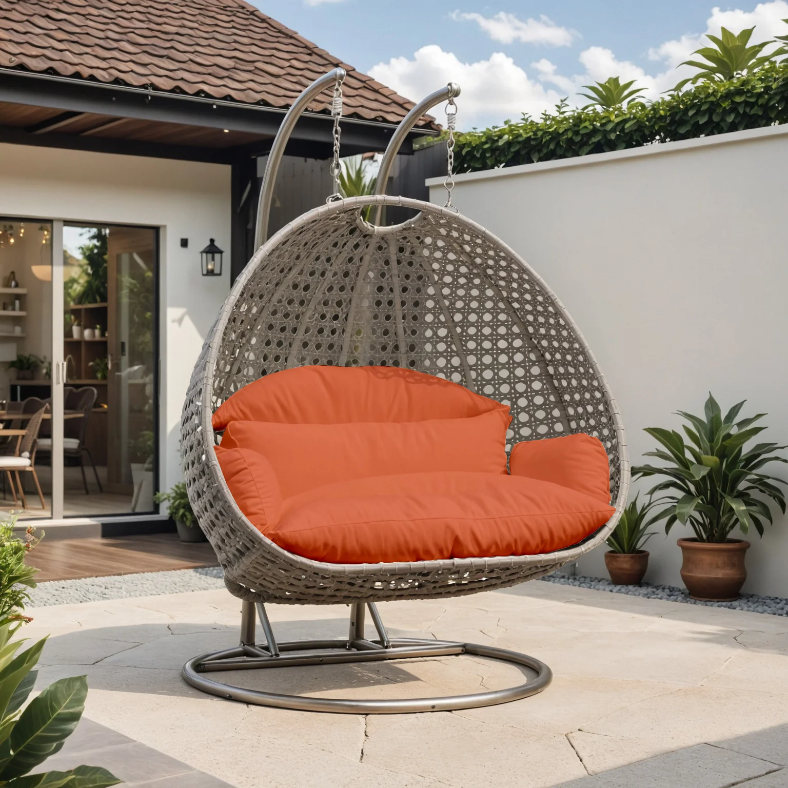 Beige Wicker Hanging 2 person Egg Swing Chair