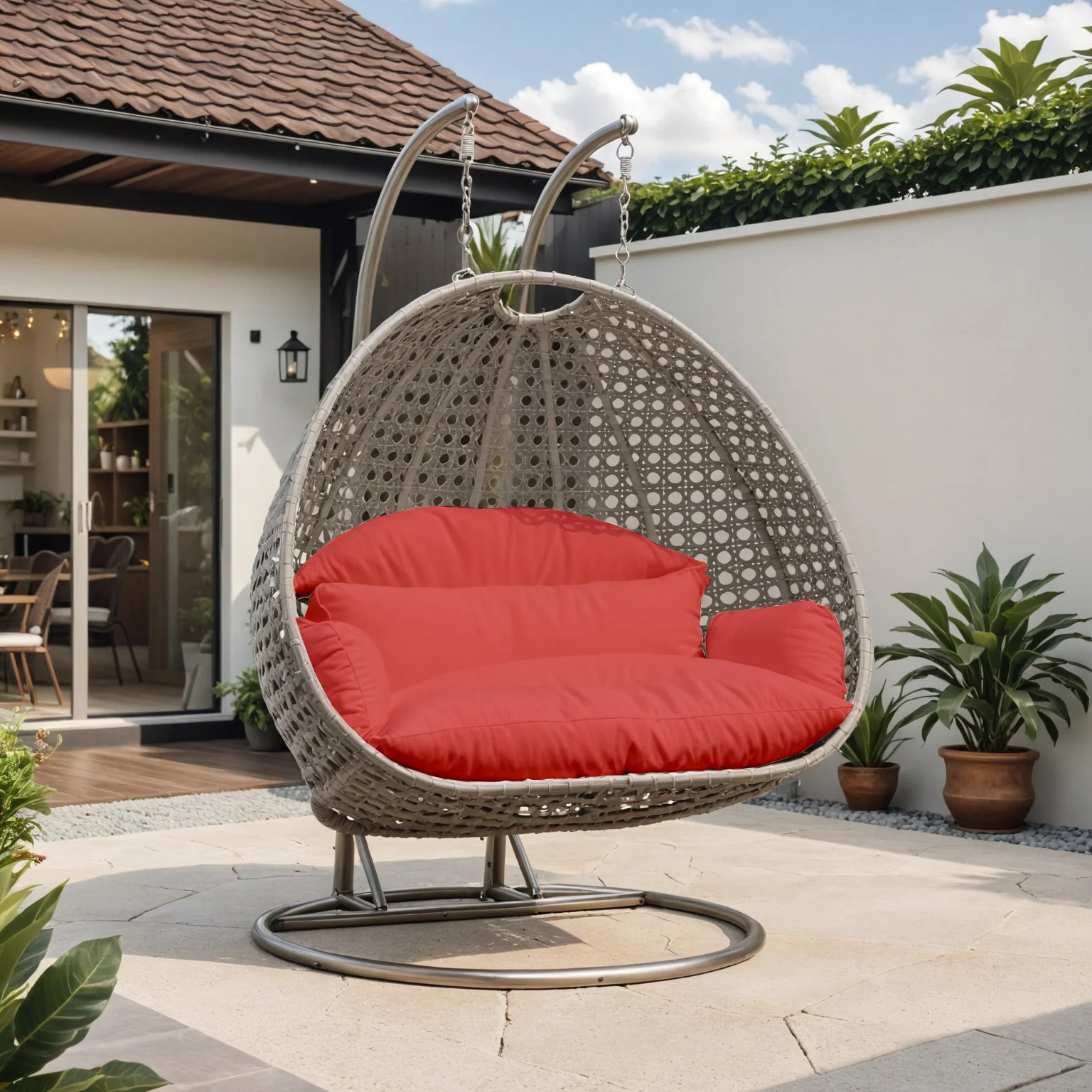 Beige Wicker Hanging 2 person Egg Swing Chair