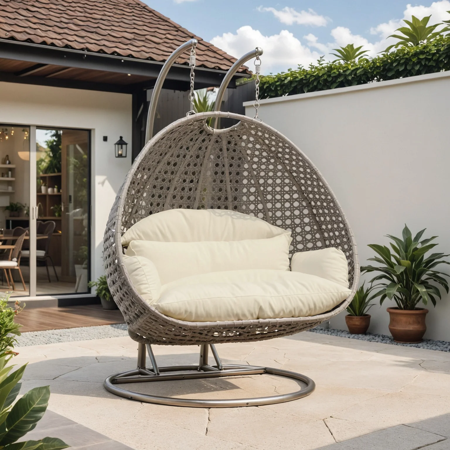 Beige Wicker Hanging 2 person Egg Swing Chair