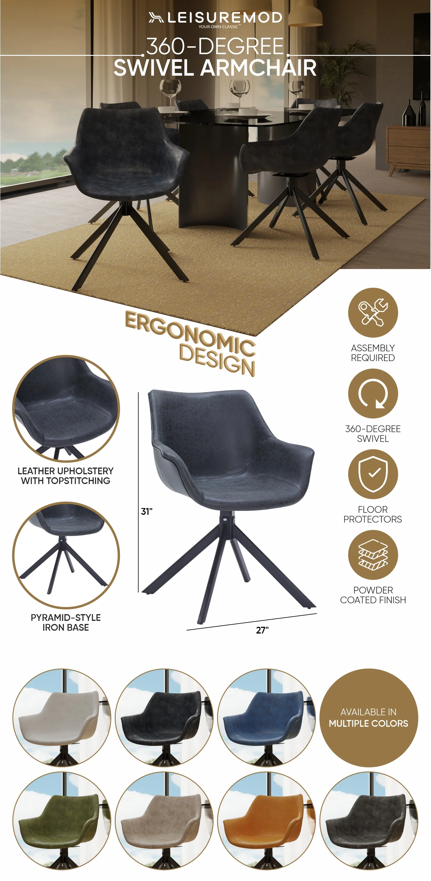 Markley Modern Leather Dining Swival Arm Chair in Black