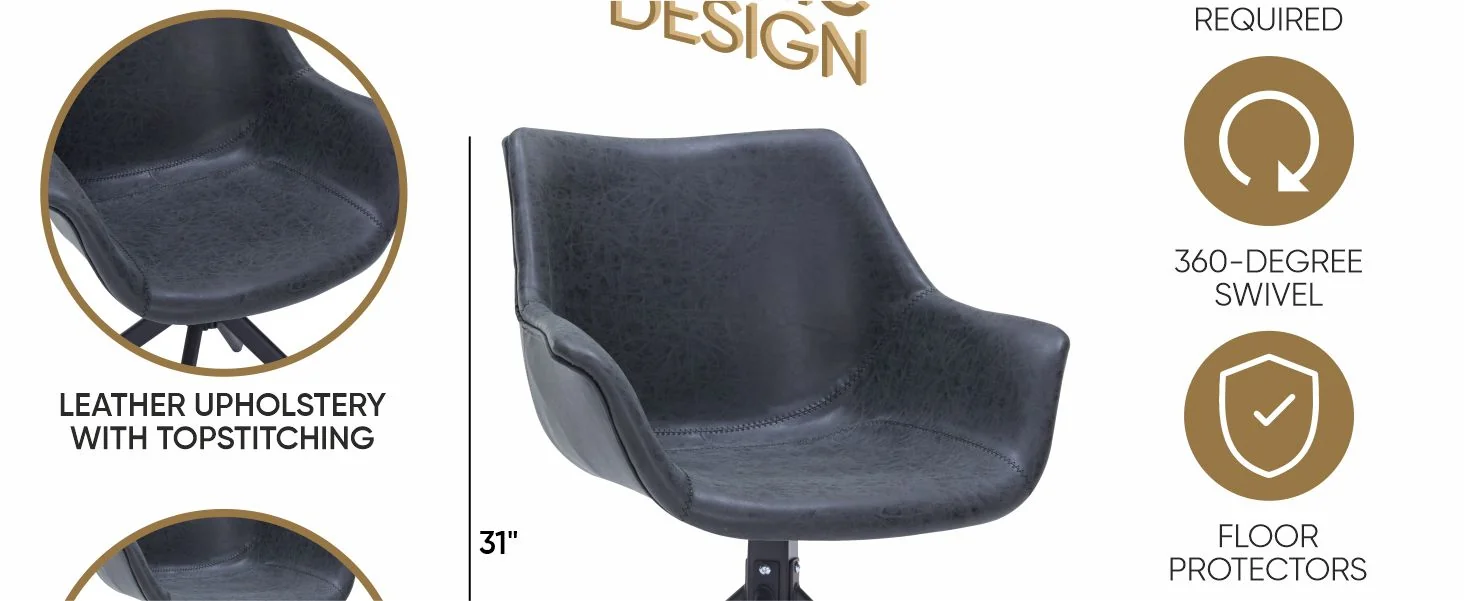 Markley Modern Leather Dining Swival Arm Chair in Black