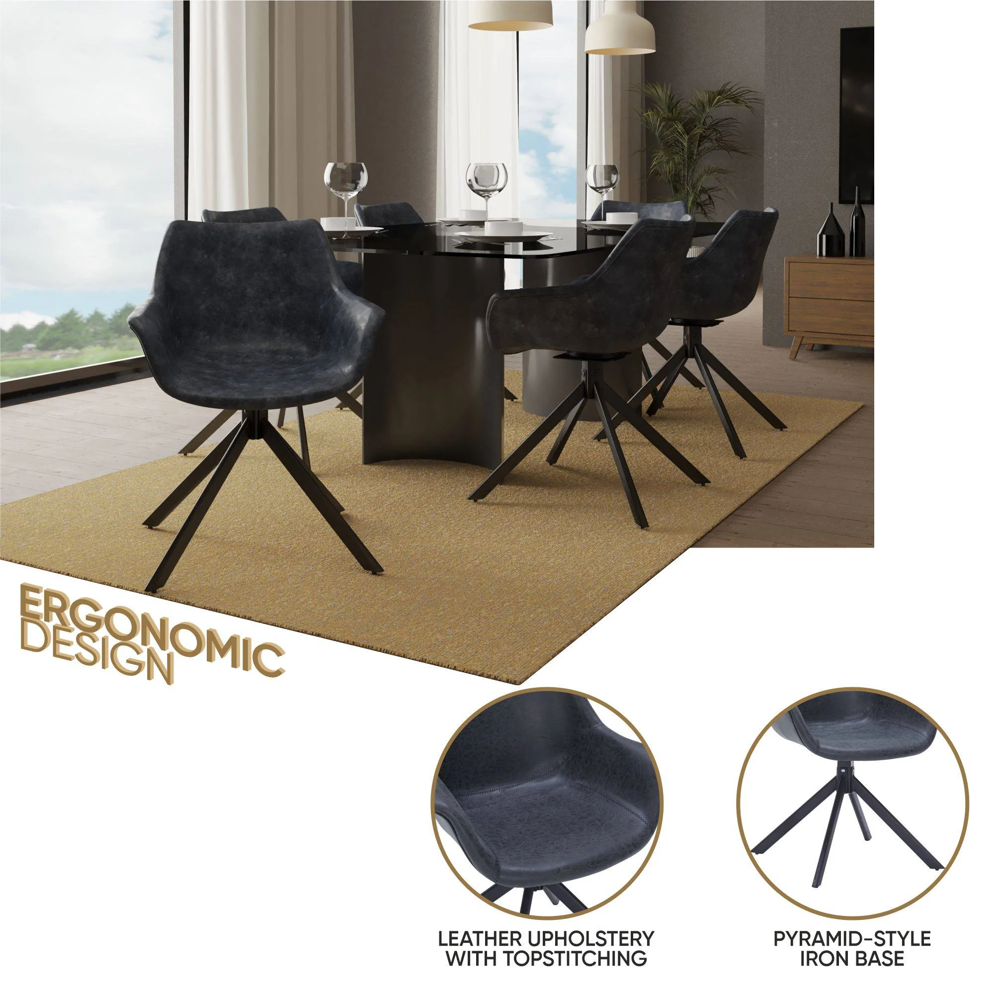 Markley Modern Leather Dining Swival Arm Chair in Black