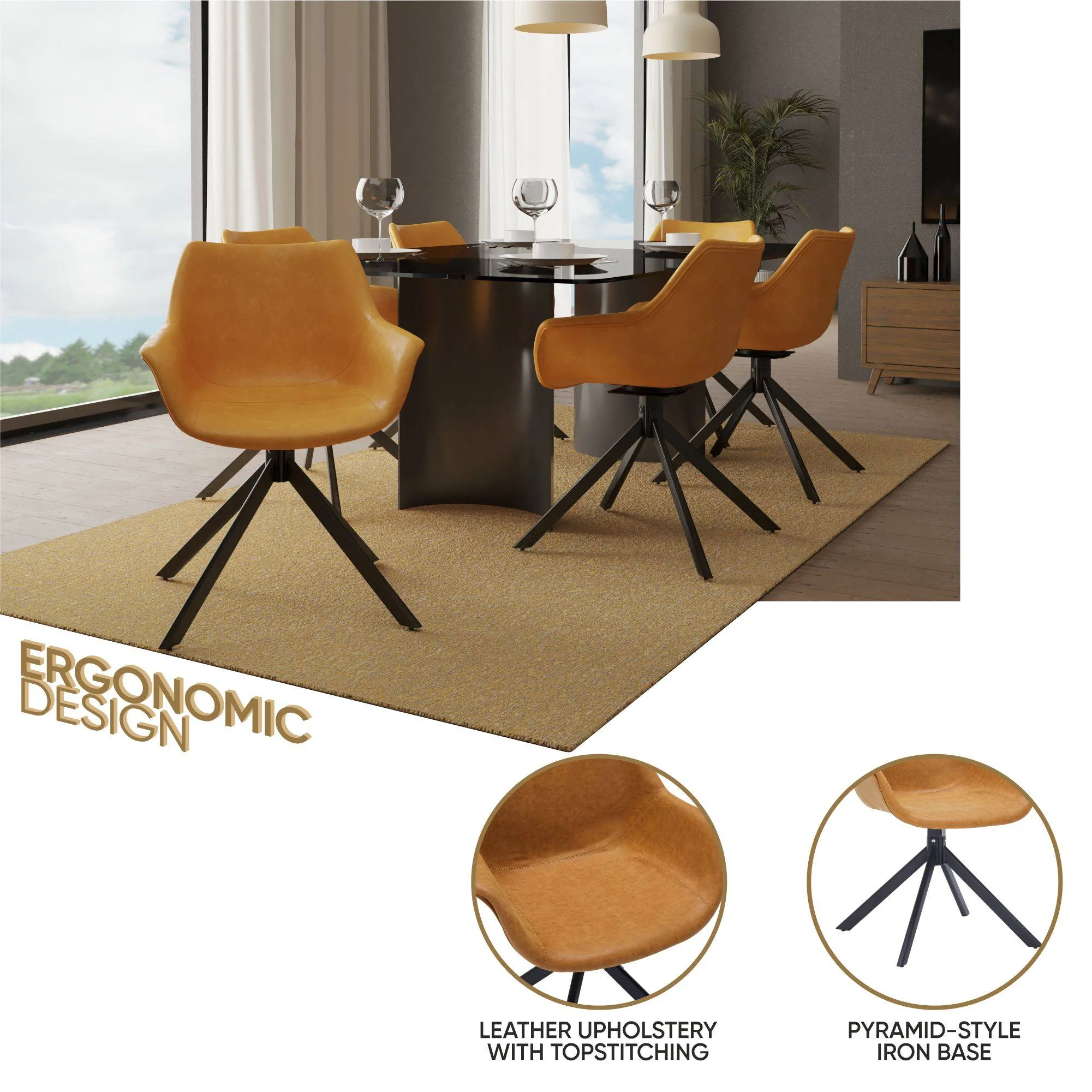 Markley Modern Leather Dining Swival Arm Chair in Light Brown