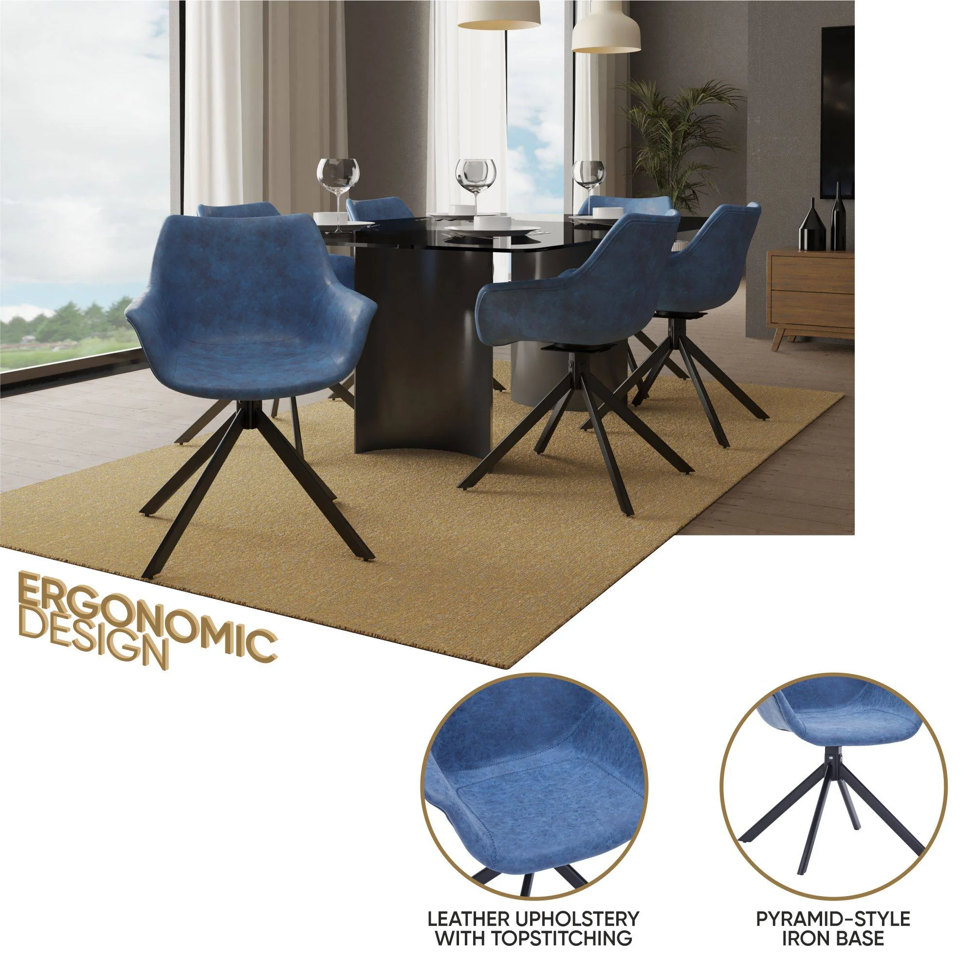 Markley Modern Leather Dining Swival Arm Chair in Light Blue