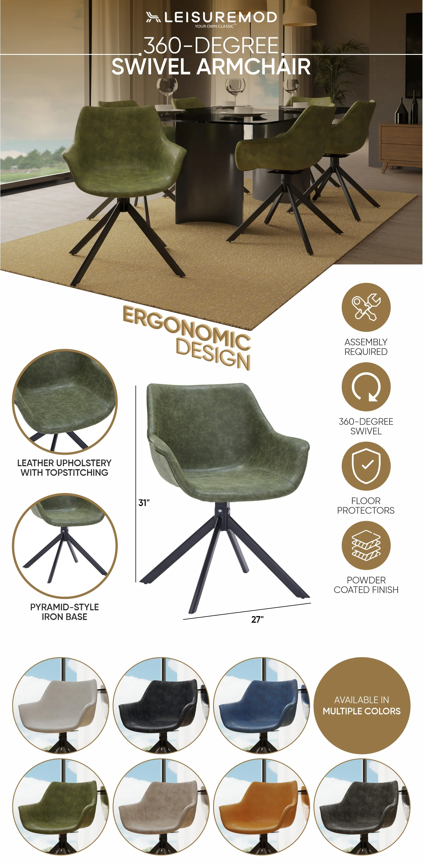 Markley Modern Leather Dining Swival Arm Chair in Green