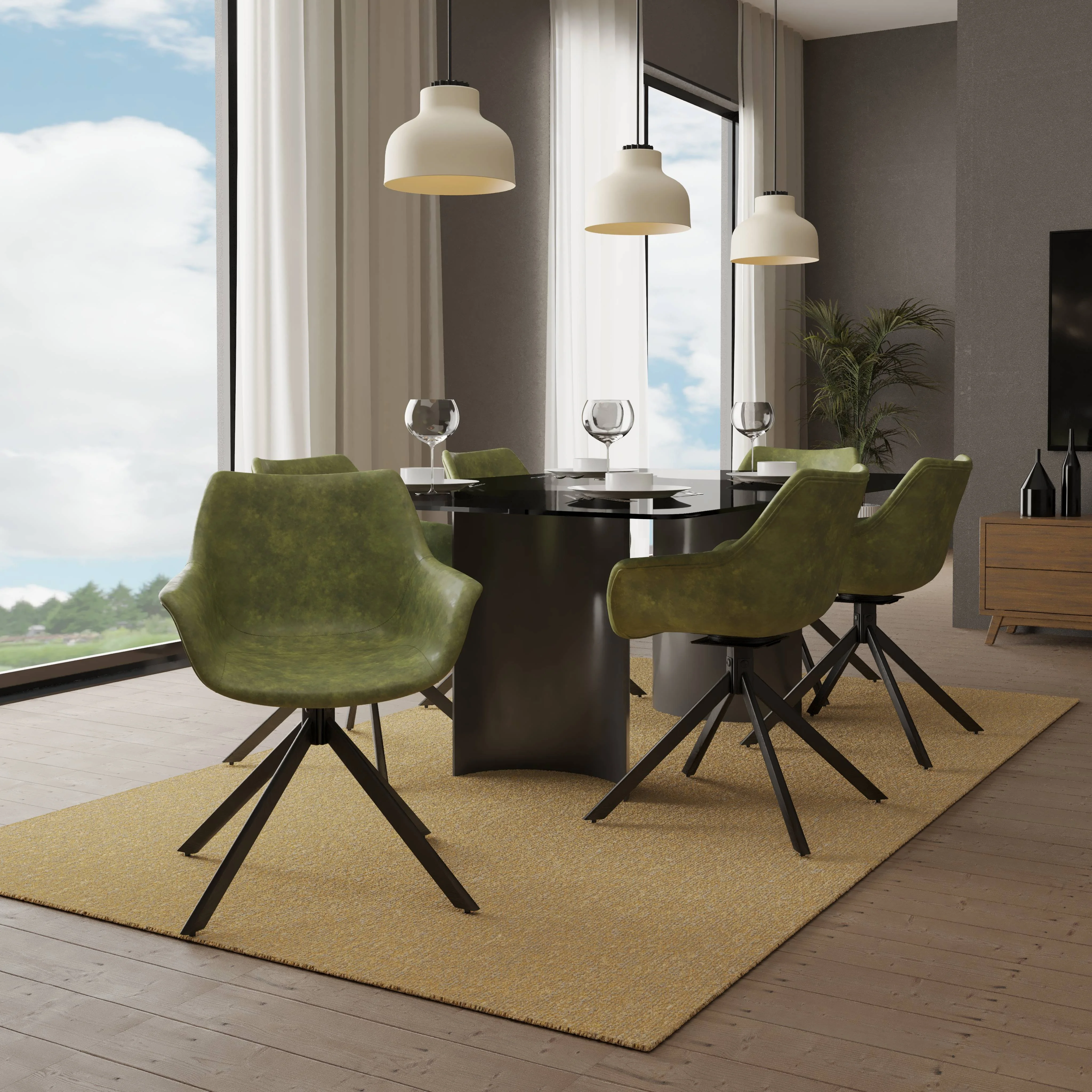 Markley Modern Leather Dining Swival Arm Chair in Green