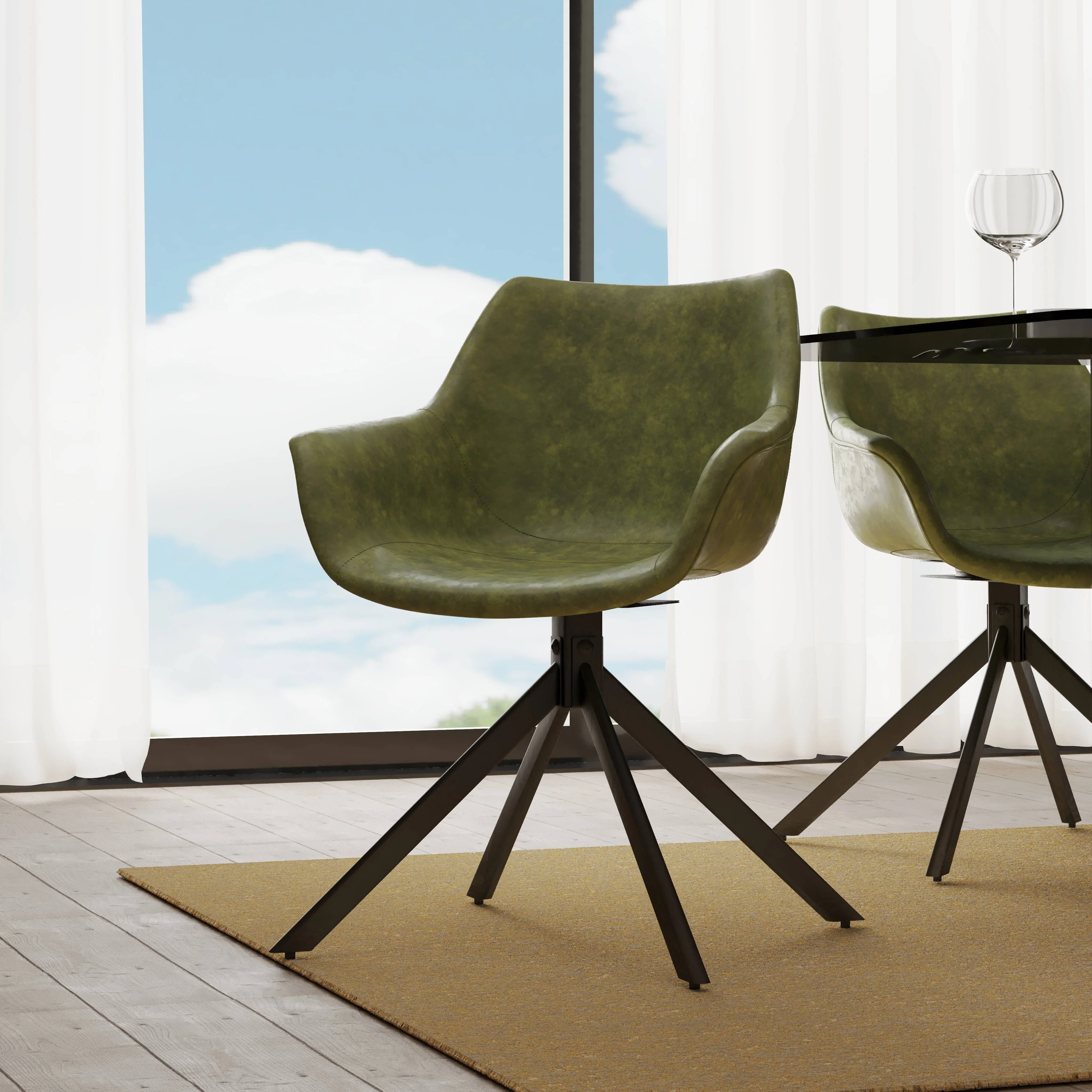 Markley Modern Leather Dining Swival Arm Chair in Green