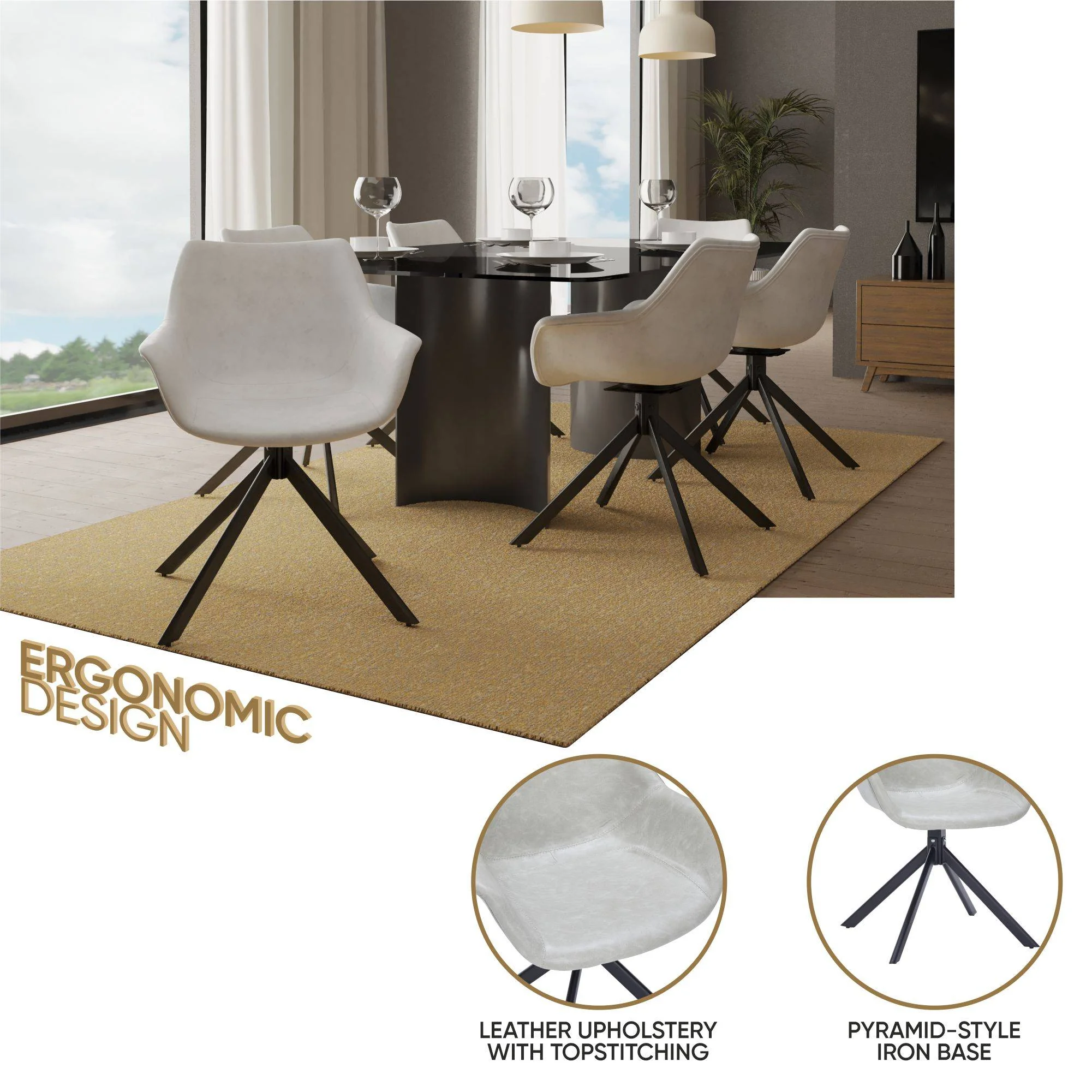 Markley Modern Leather Dining Swival Arm Chair in Light Grey