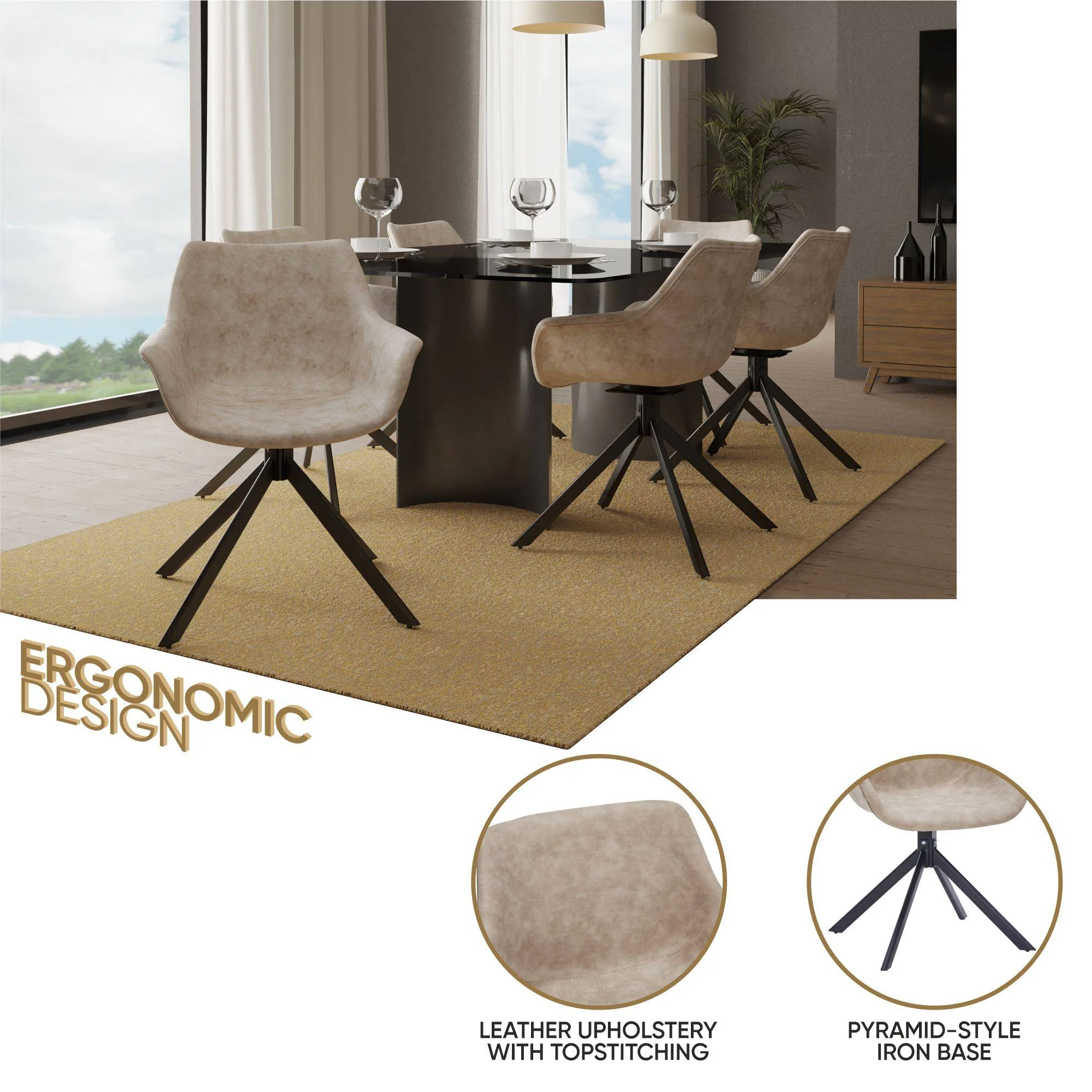 Markley Modern Leather Dining Swival Arm Chair in Taupe