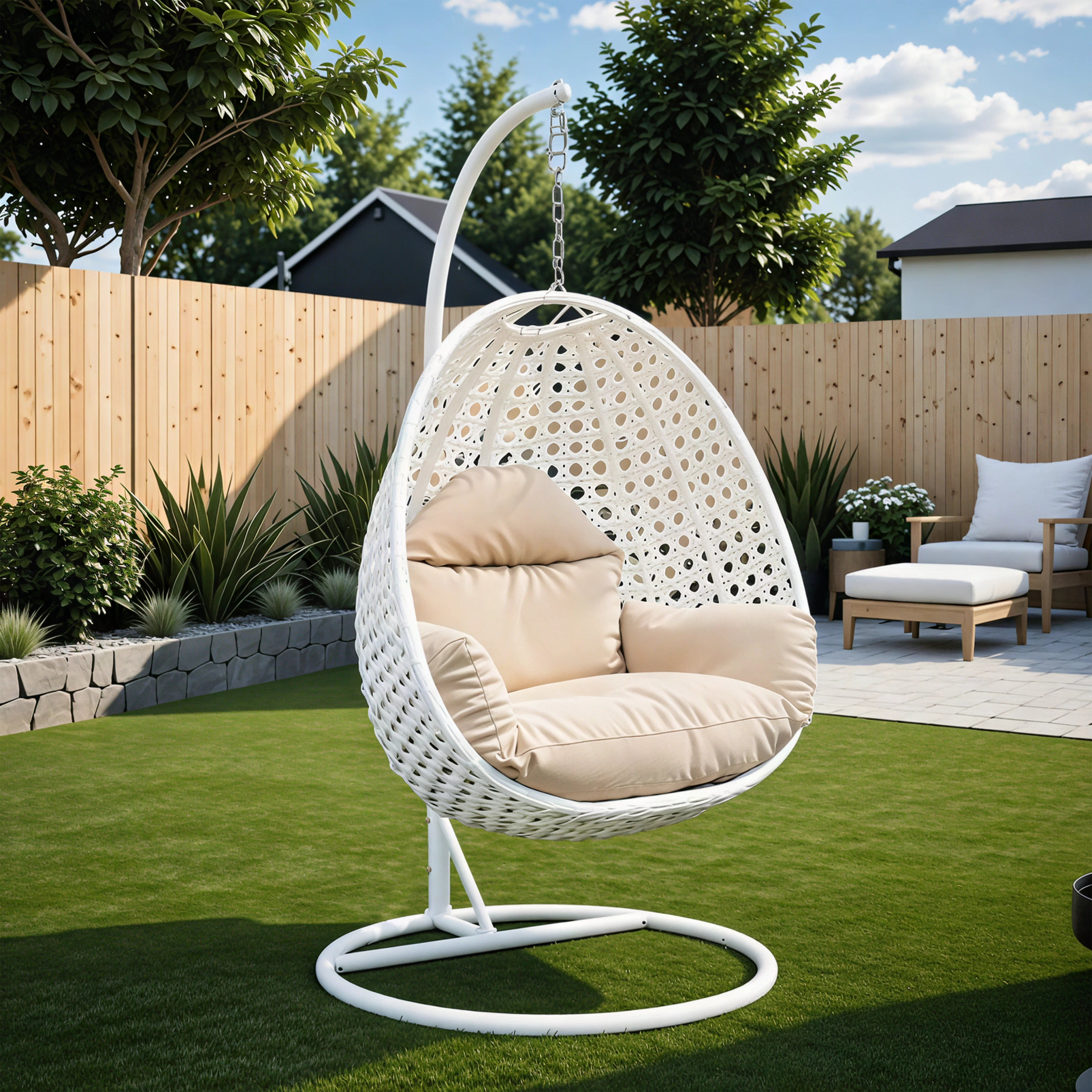 White Wicker Hanging Egg Swing Chair
