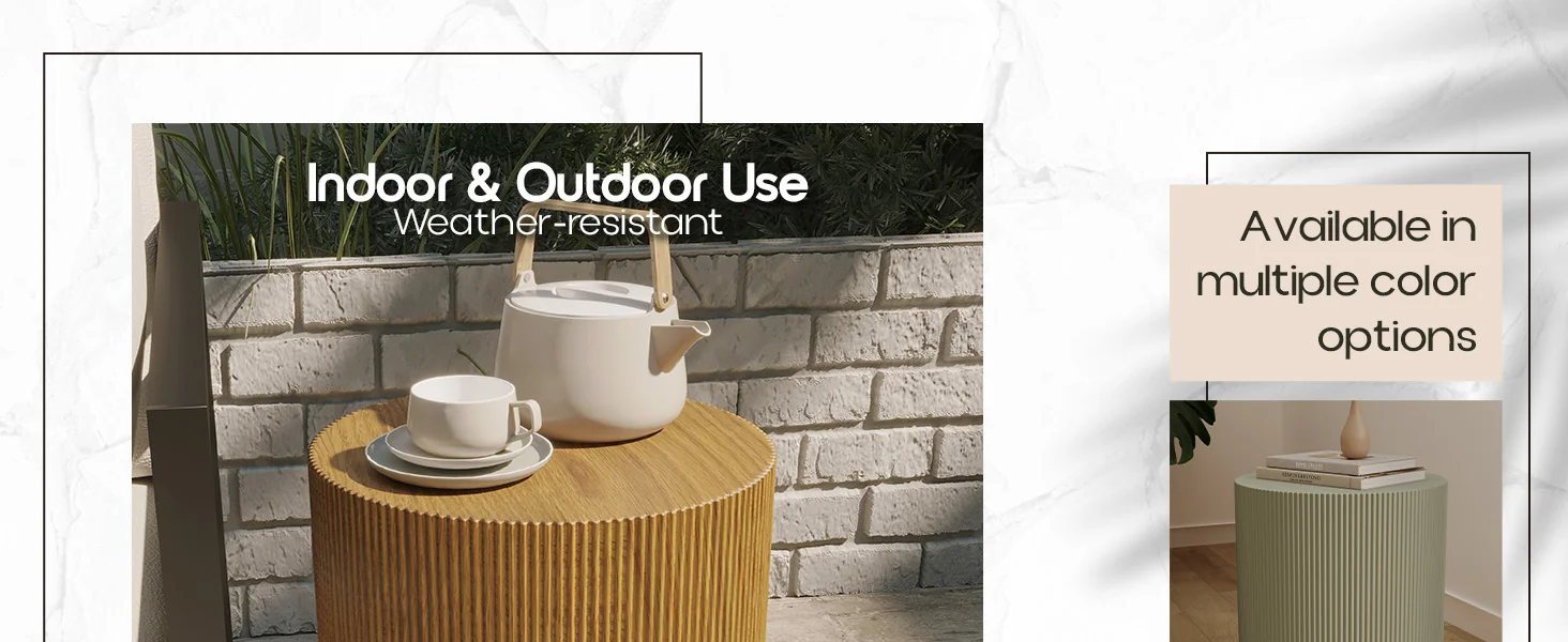 Eden Collection Fiberglass Outdoor Side Table in Wood Brown