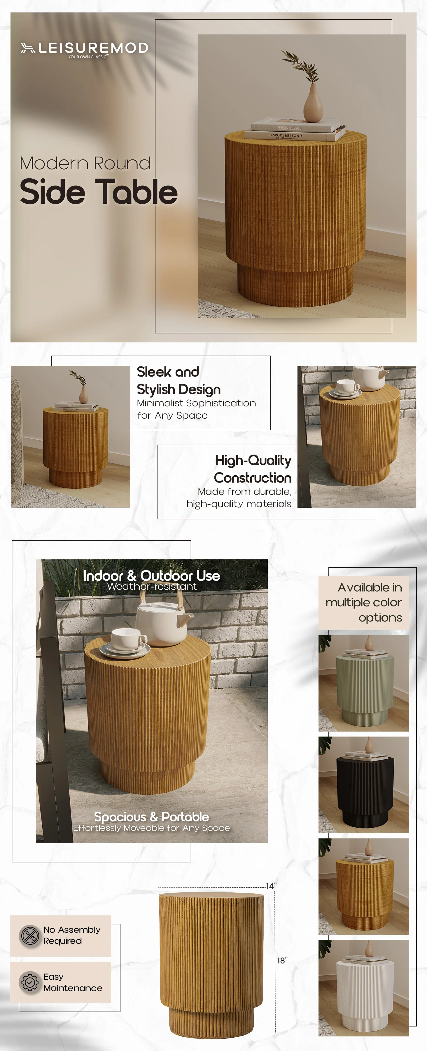 Eden Collection Fiberglass Outdoor Side Table in Wood Brown