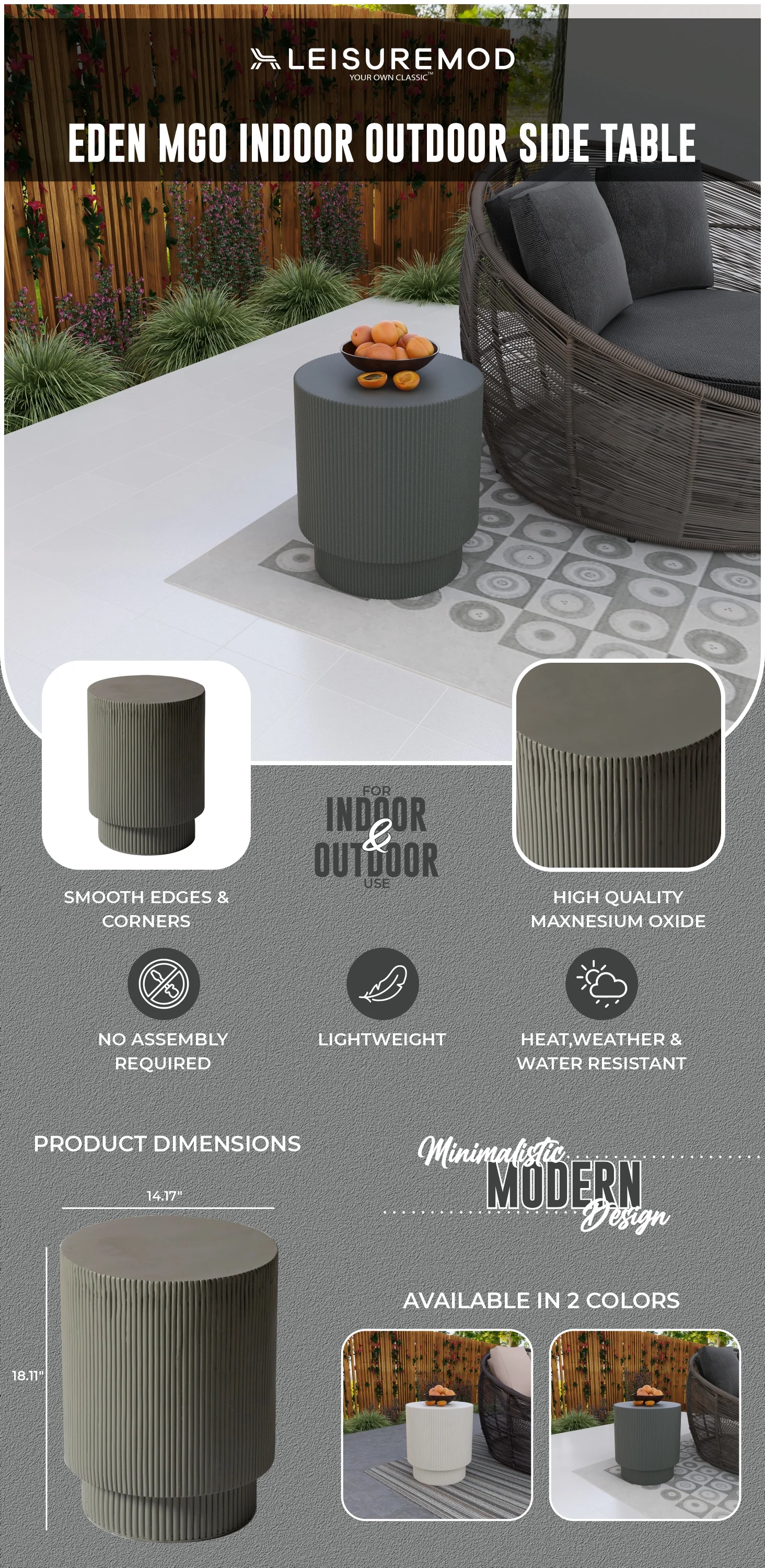 Eden Collection Fiberglass Outdoor Side Table in Grey