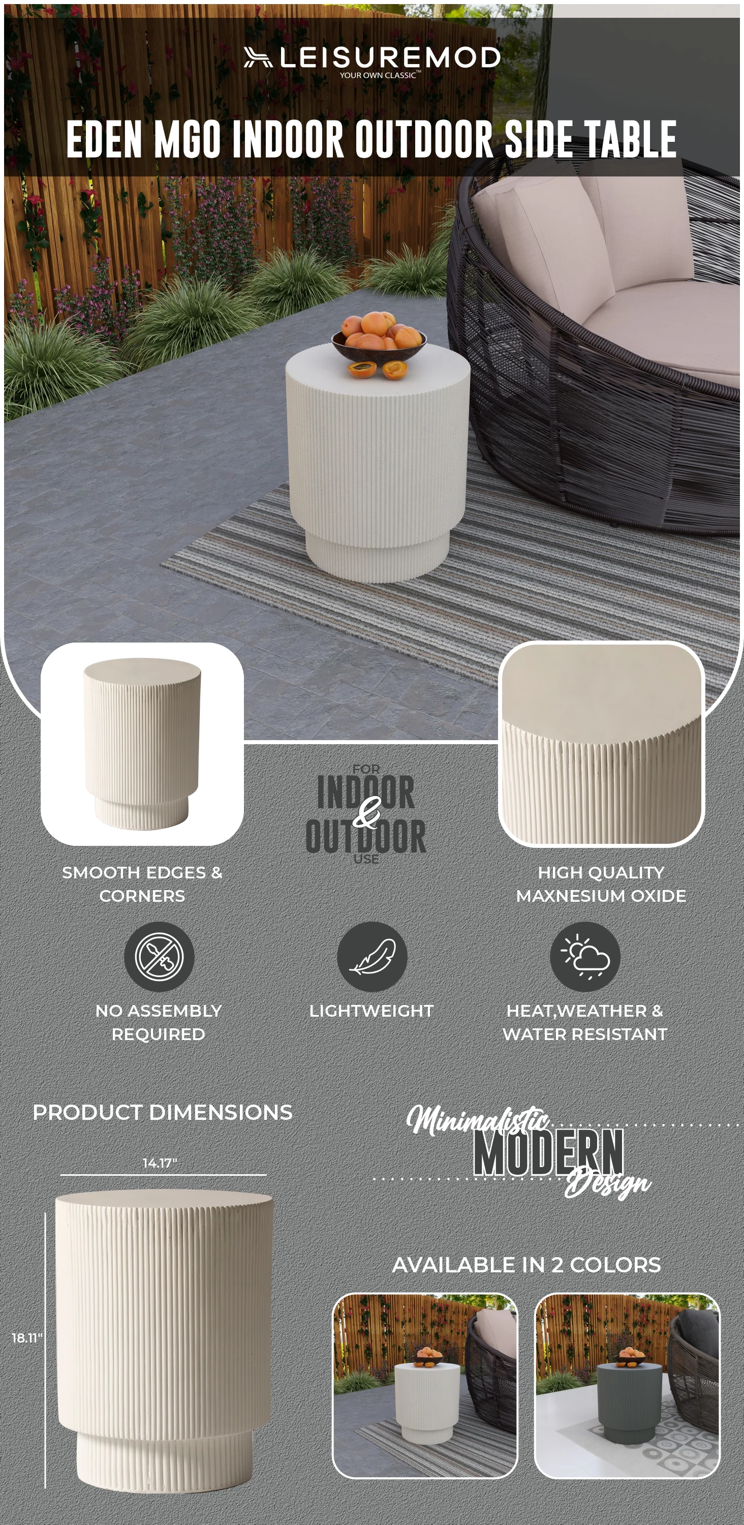 Eden Collection Fiberglass Outdoor Side Table in White