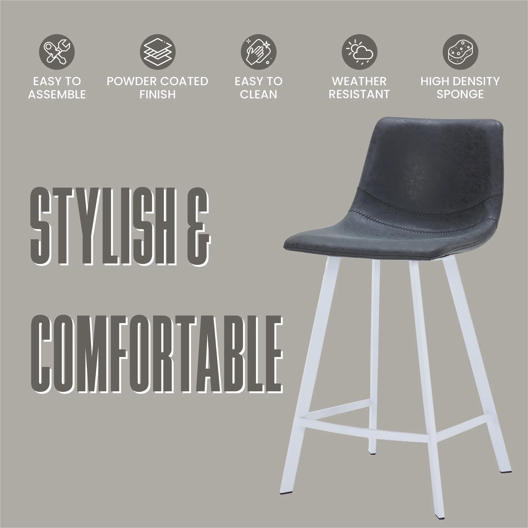 Elland - Counter stool -White Base-Charcoal Black