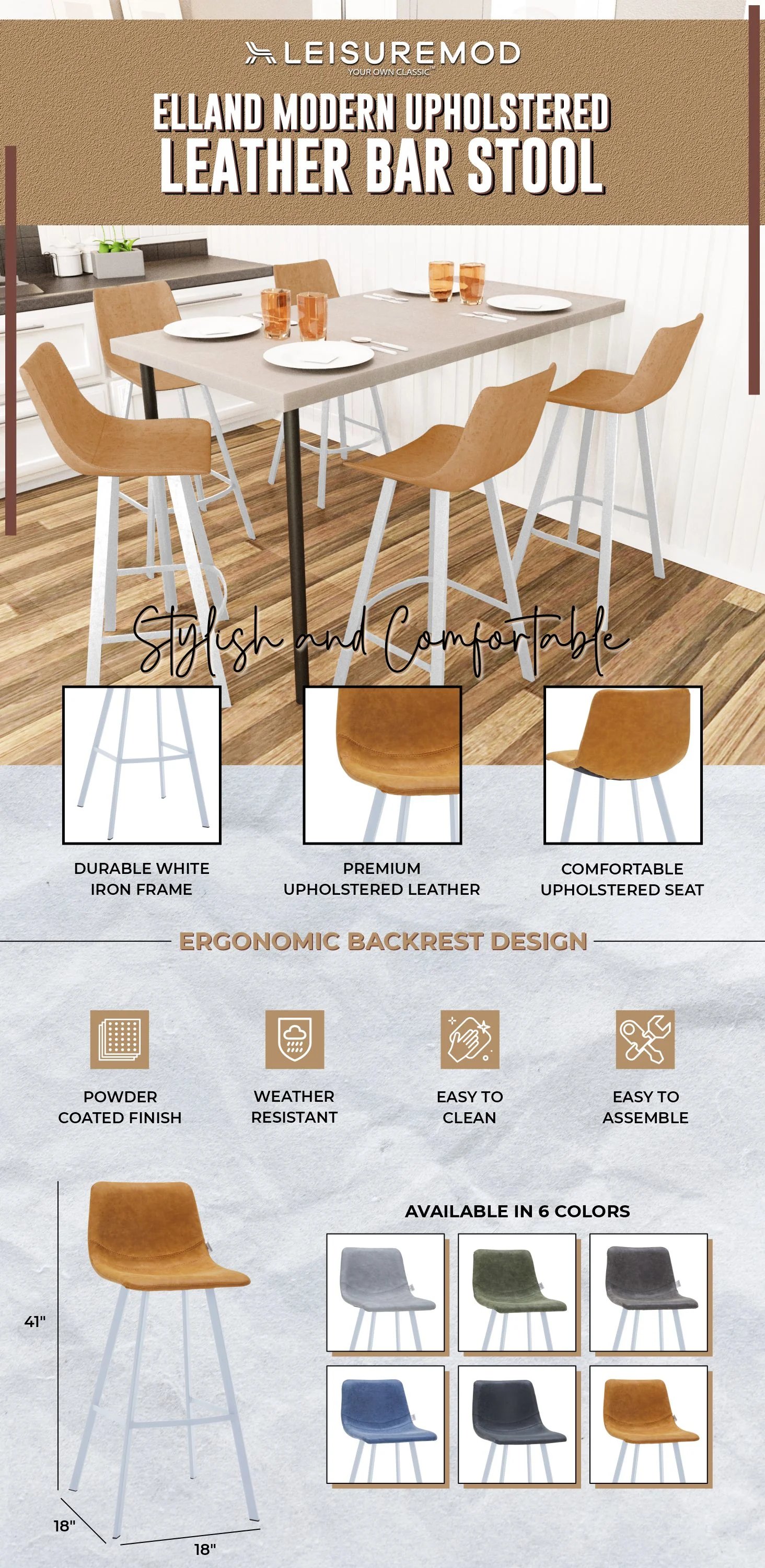 Elland - Bar stool - Light Brown - White Base