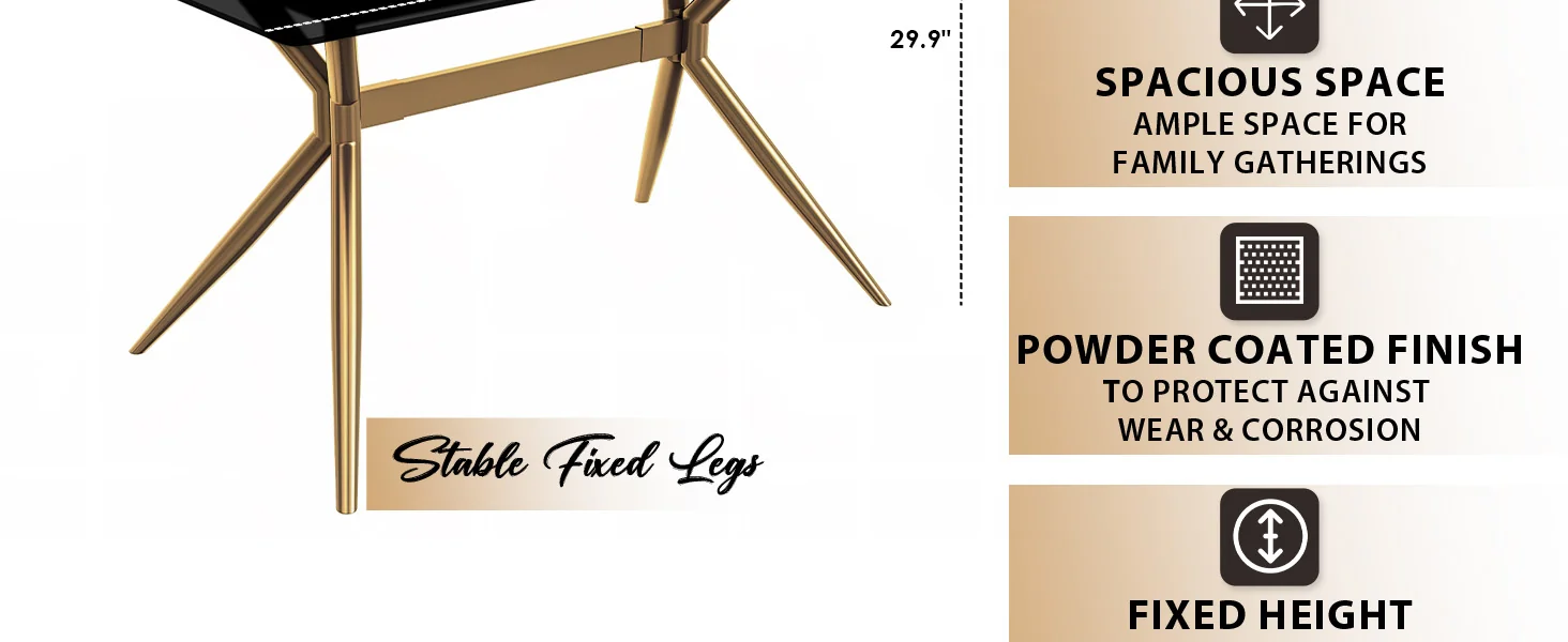 Elega Series Gold Stainless Steel Dining Table 55" With Black Glass Top