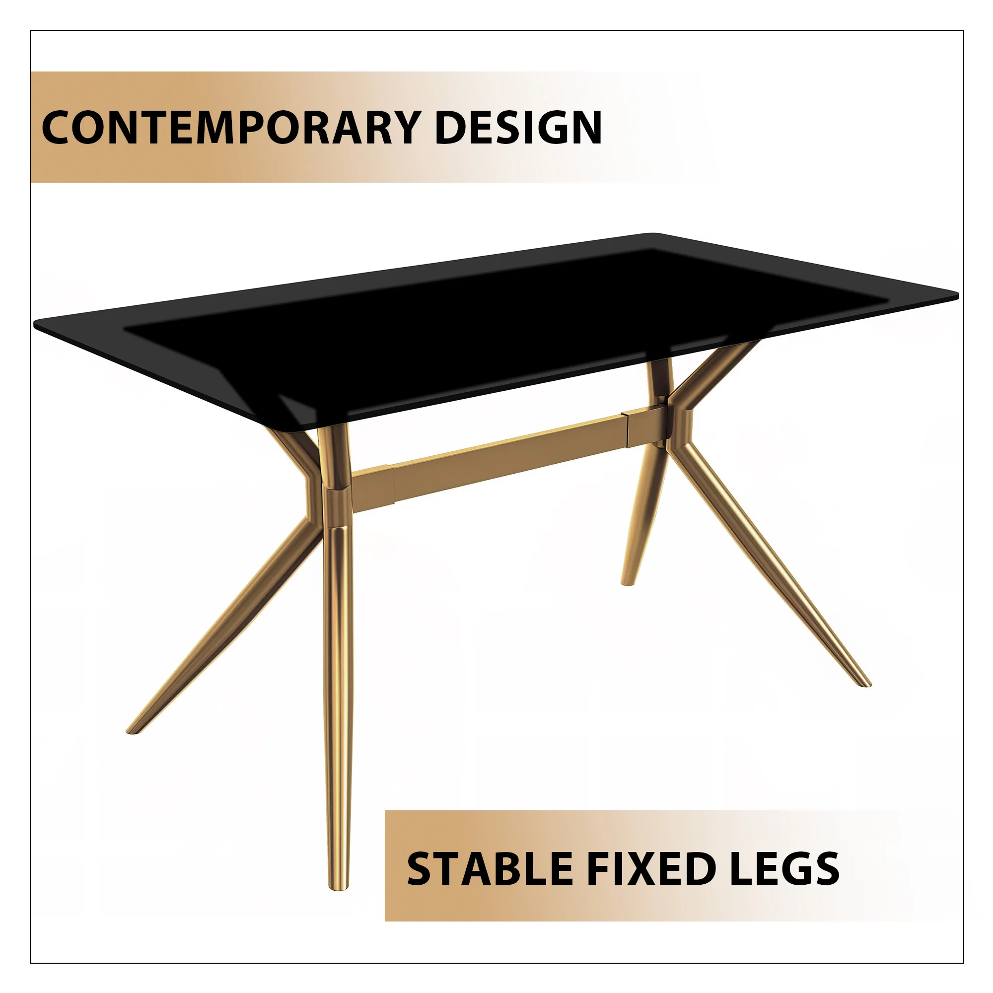 Elega Series Gold Stainless Steel Dining Table 55" With Black Glass Top