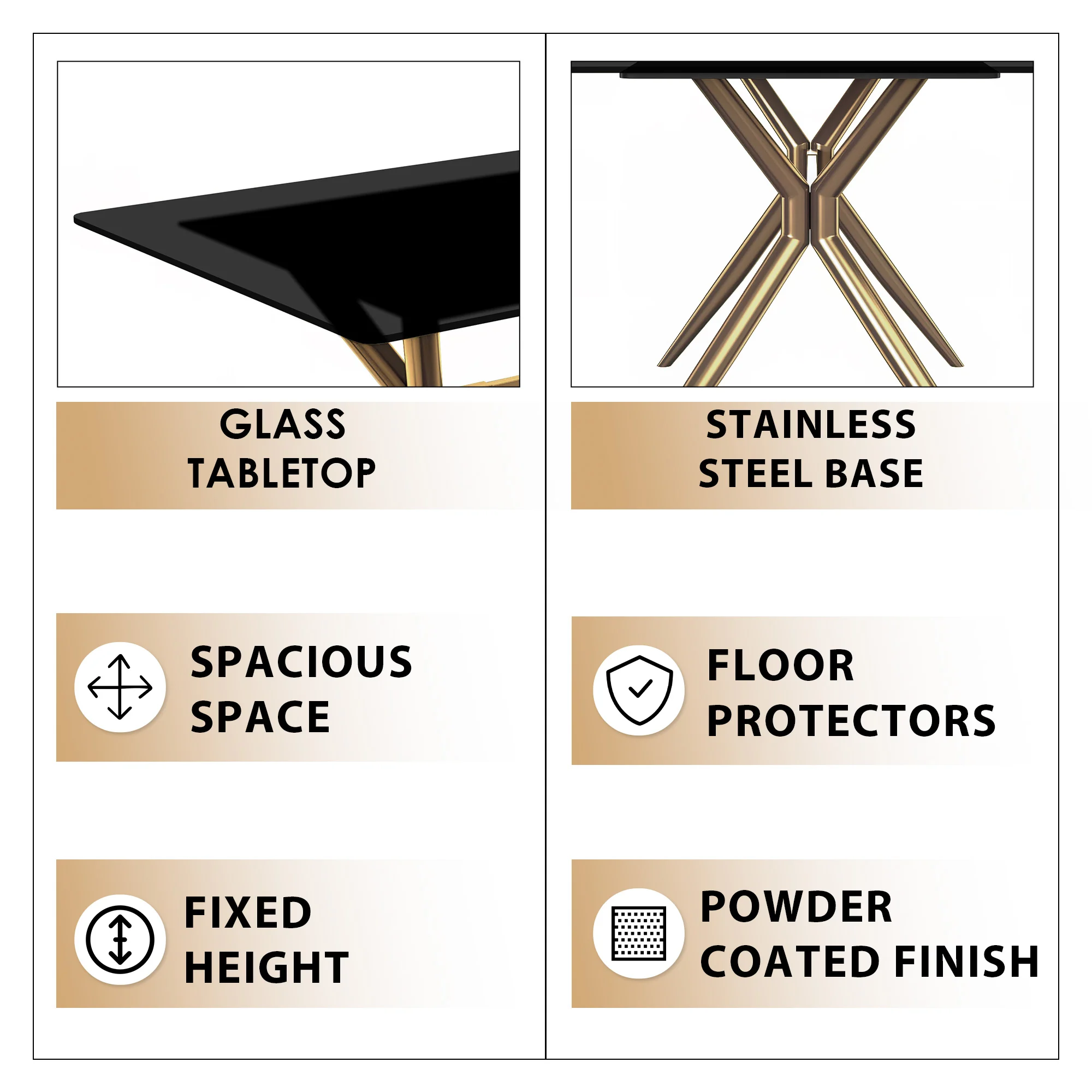 Elega Series Gold Stainless Steel Dining Table 55" With Black Glass Top