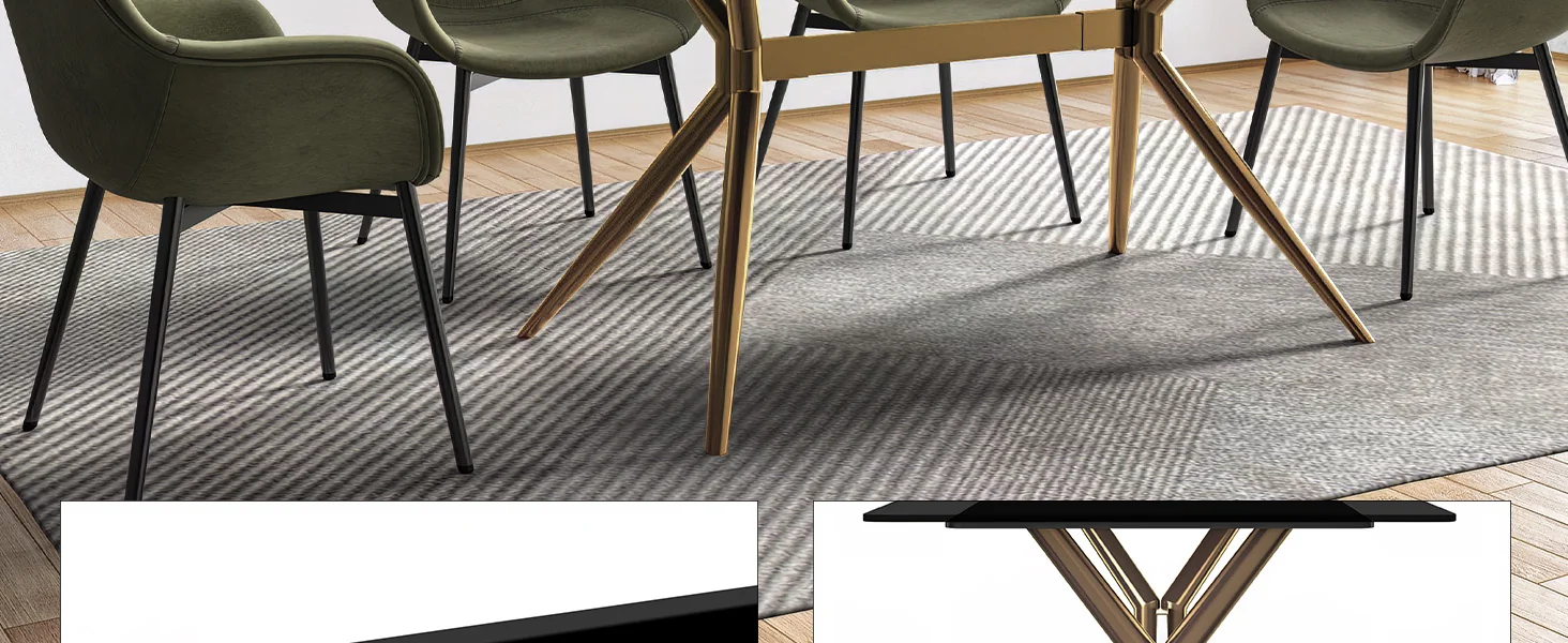 Elega Series Gold Stainless Steel Dining Table 55" With Black Glass Top