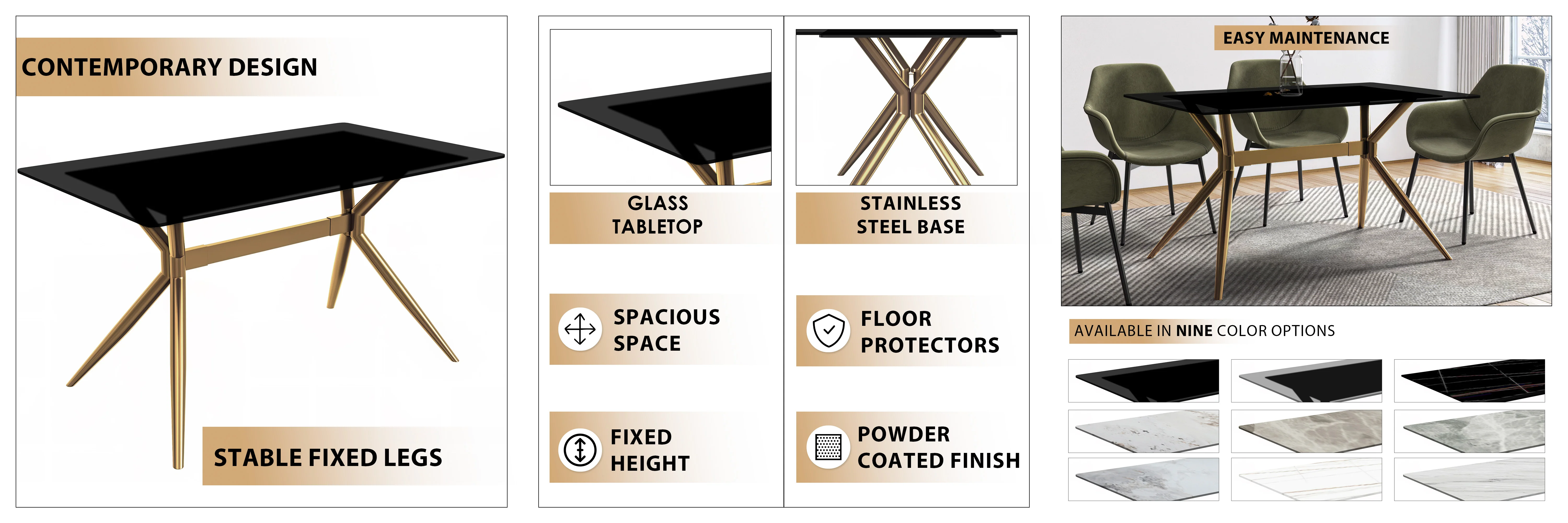 Elega Series Gold Stainless Steel Dining Table 55" With Black Glass Top