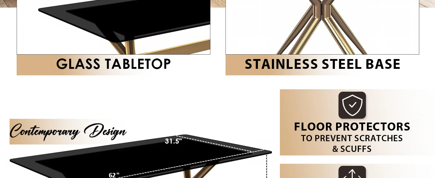 Elega Series Gold Stainless Steel Dining Table 55" With Black Glass Top