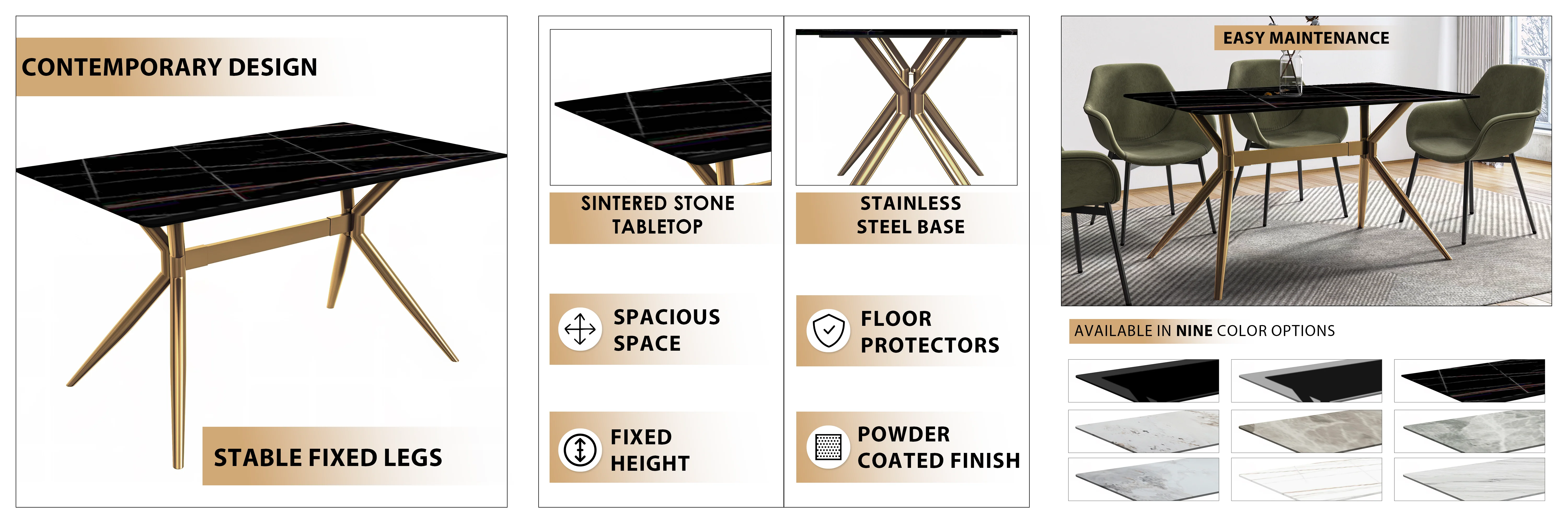 Elega Series Gold Stainless Steel Dining Table 55" With Black/Gold Sintered Stone Top