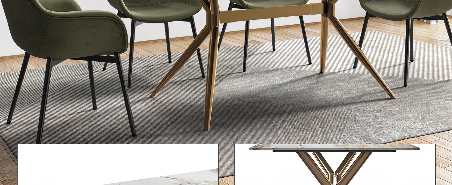 Elega Series Gold Stainless Steel Dining Table 55" With White Grey Sintered Stone Top