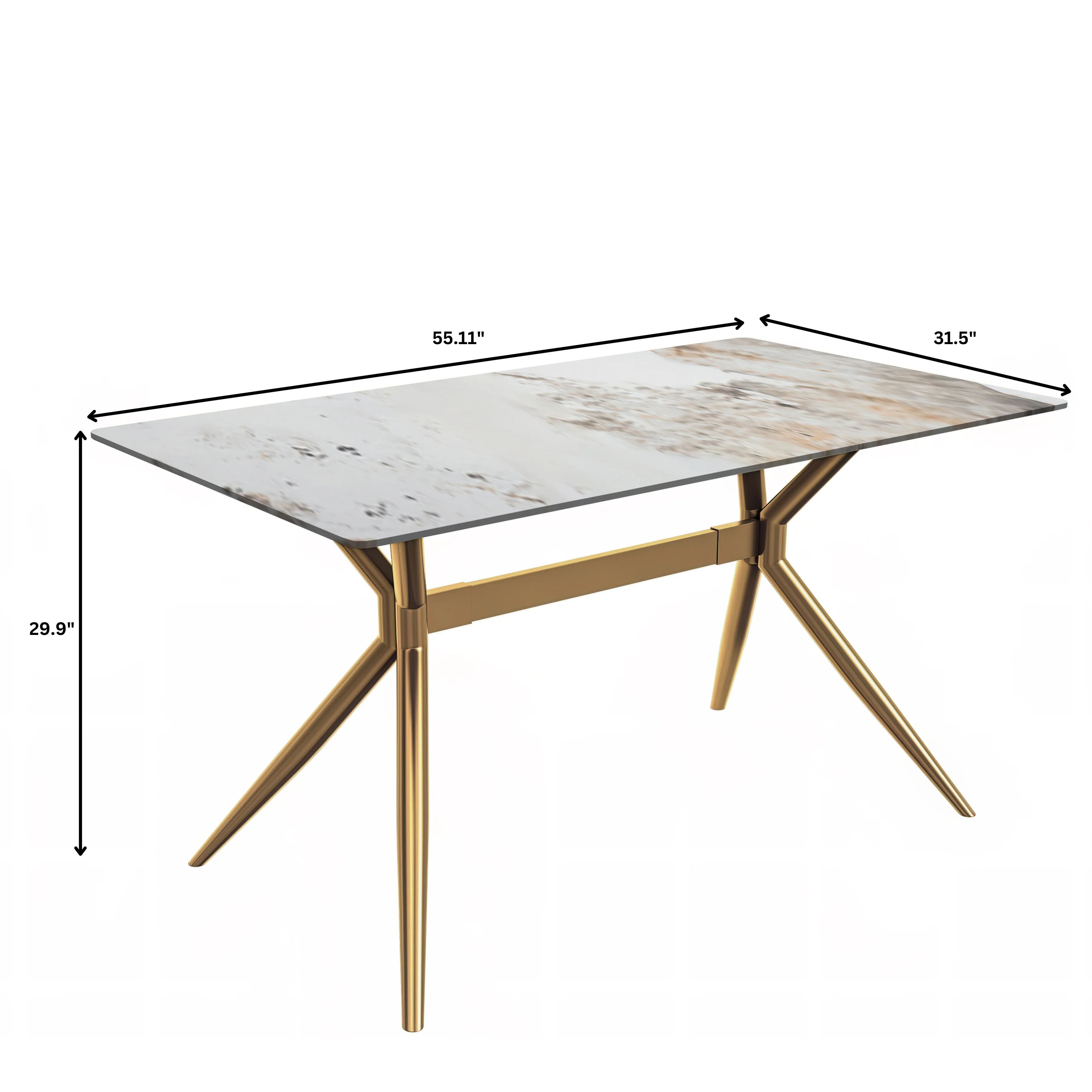 Elega Series Gold Stainless Steel Dining Table 55" With White Grey Sintered Stone Top