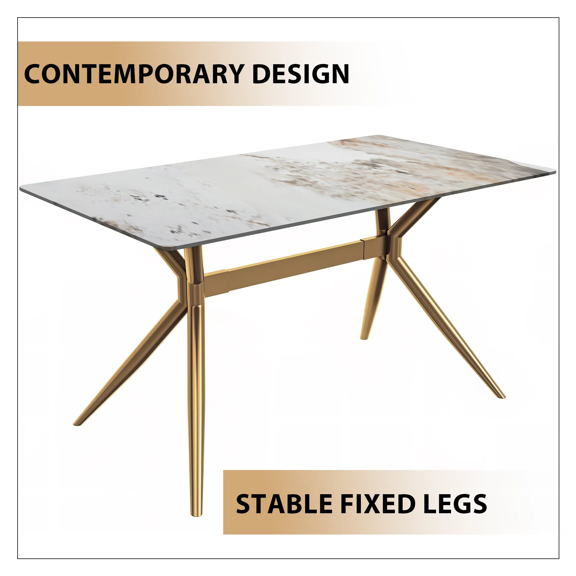 Elega Series Gold Stainless Steel Dining Table 55" With White Grey Sintered Stone Top