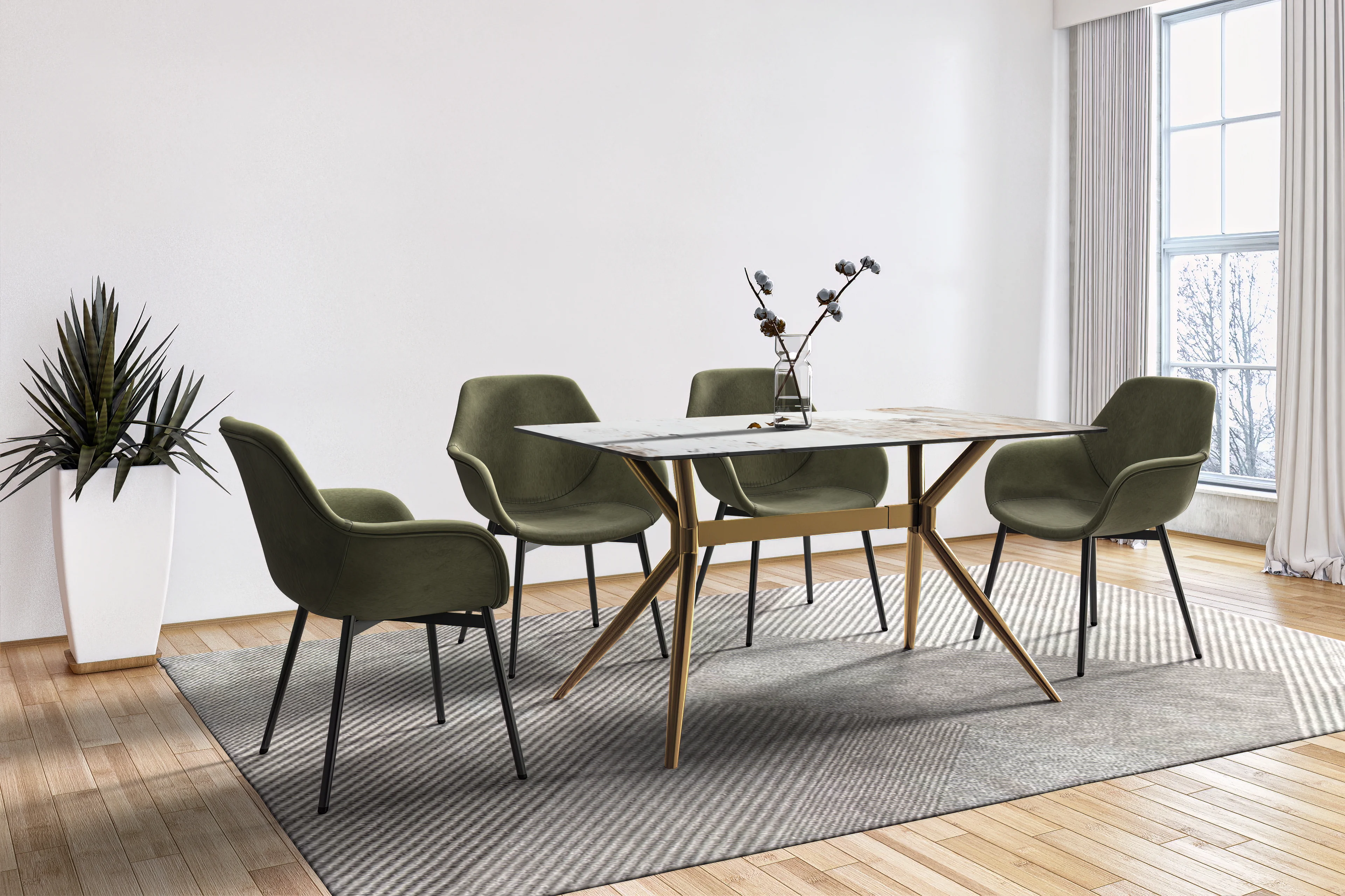 Elega Series Gold Stainless Steel Dining Table 55" With White Grey Sintered Stone Top