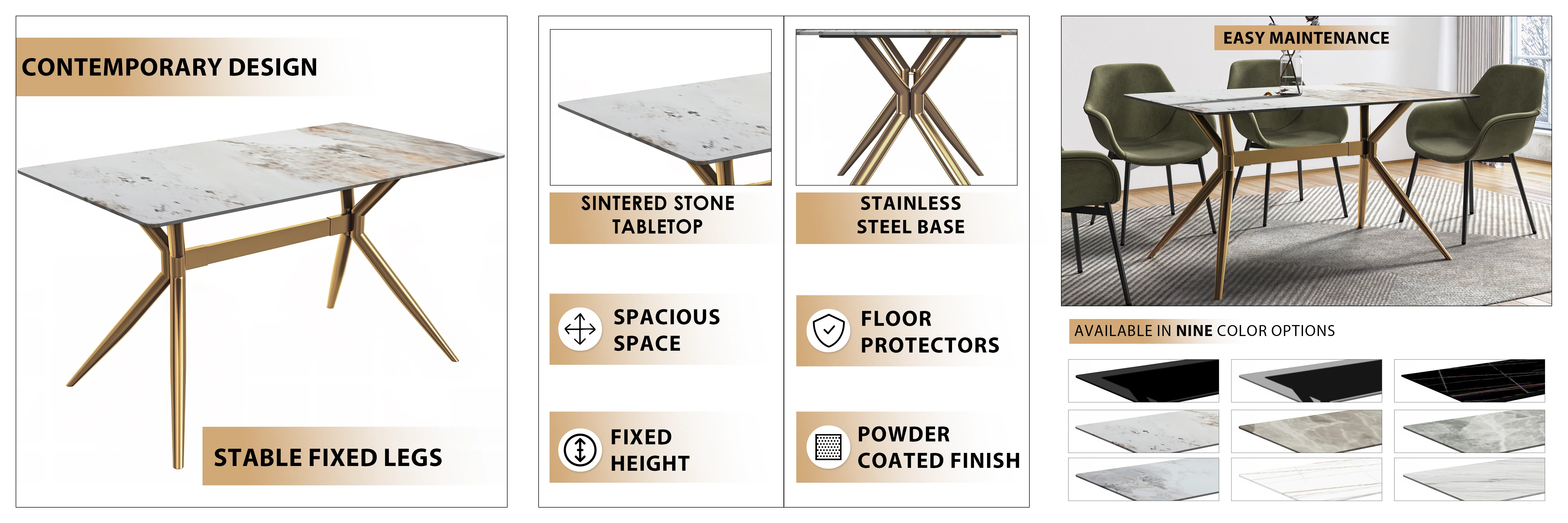 Elega Series Gold Stainless Steel Dining Table 55" With White Grey Sintered Stone Top