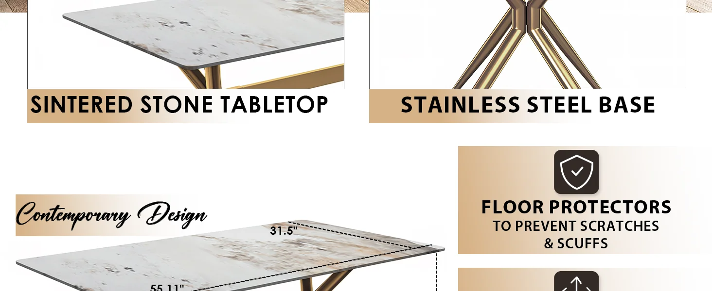 Elega Series Gold Stainless Steel Dining Table 55" With White Grey Sintered Stone Top