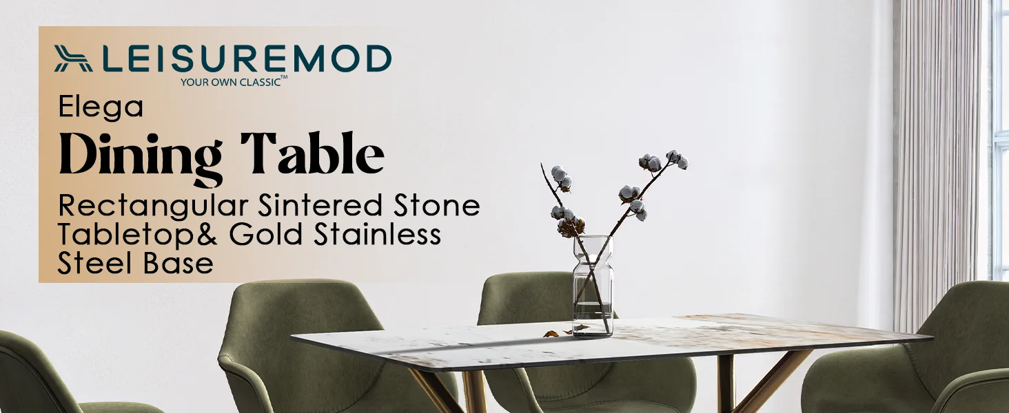 Elega Series Gold Stainless Steel Dining Table 55" With White Grey Sintered Stone Top
