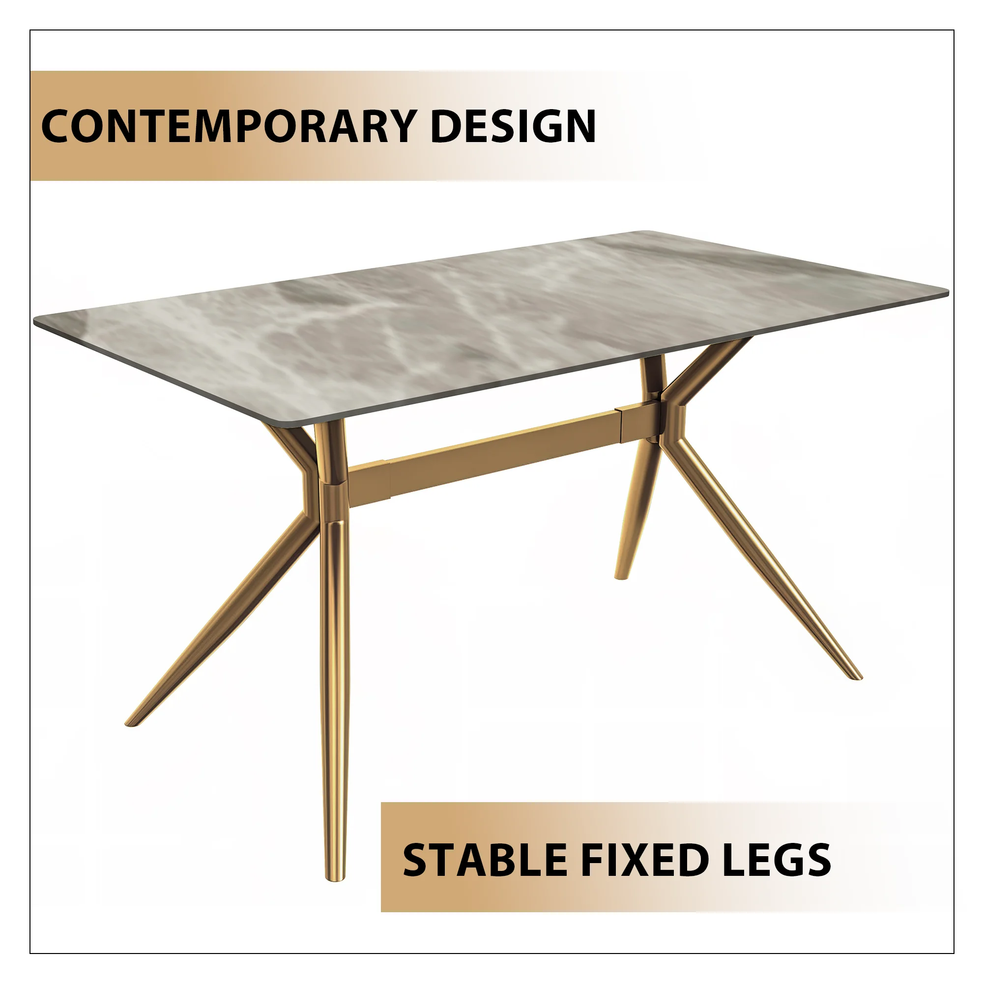 Elega Series Gold Stainless Steel Dining Table 55" With Deep Grey Sintered Stone Top