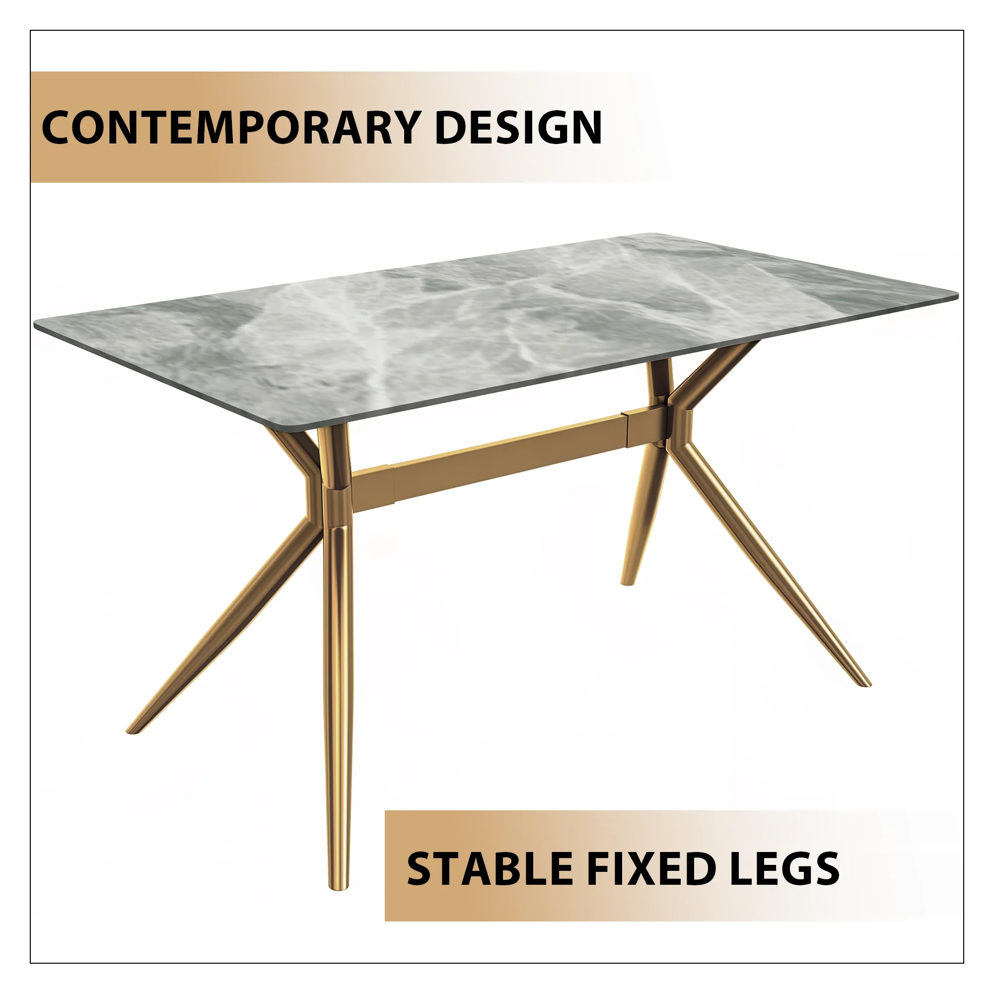 Elega Series Gold Stainless Steel Dining Table 55" With Light Grey Sintered Stone Top