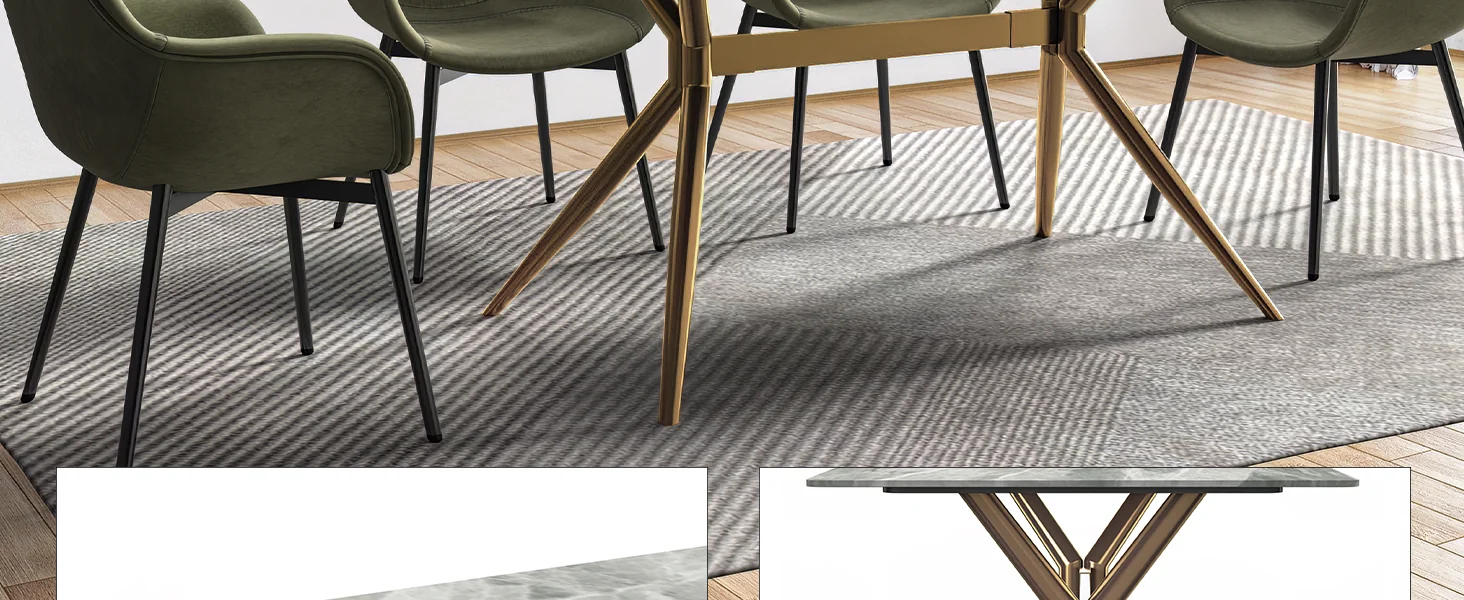 Elega Series Gold Stainless Steel Dining Table 55" With Light Grey Sintered Stone Top