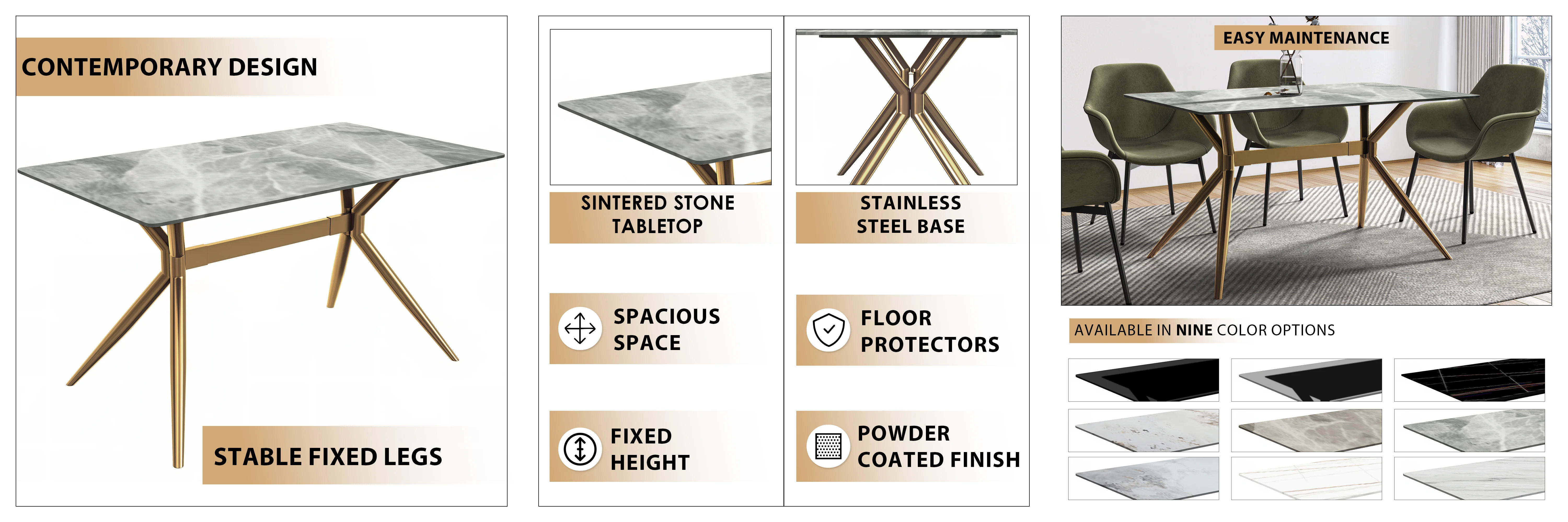 Elega Series Gold Stainless Steel Dining Table 55" With Light Grey Sintered Stone Top