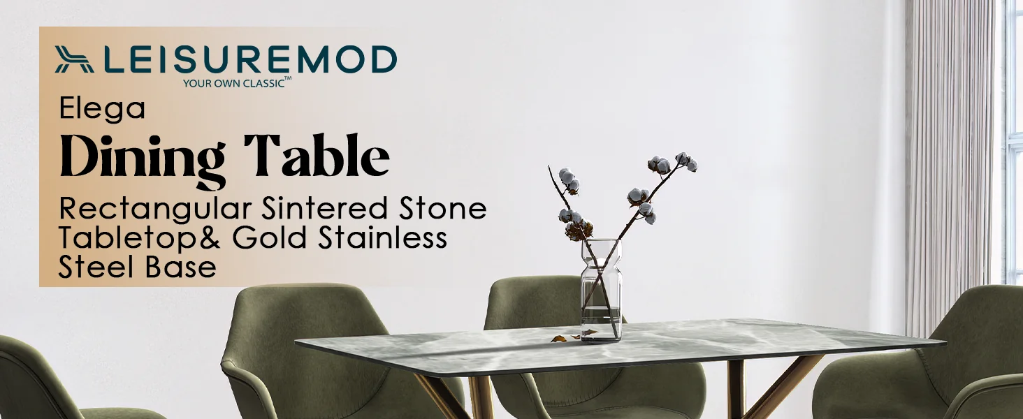 Elega Series Gold Stainless Steel Dining Table 55" With Light Grey Sintered Stone Top