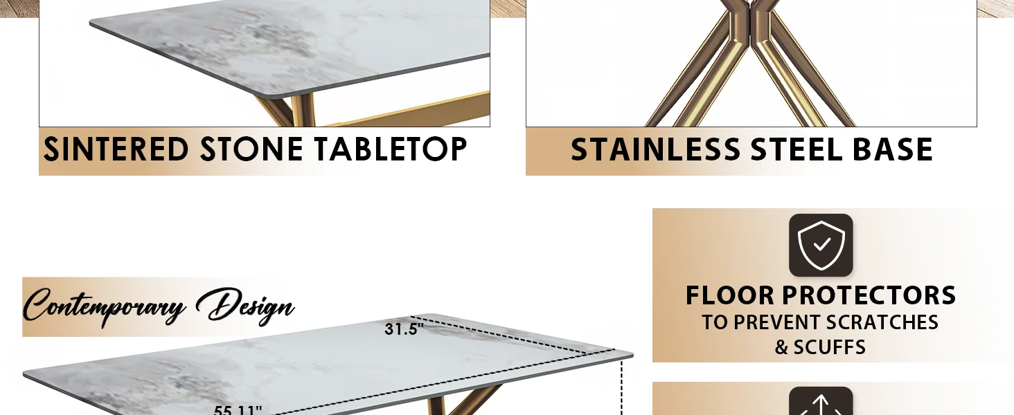 Elega Series Gold Stainless Steel Dining Table 55" With Medium Grey Sintered Stone Top