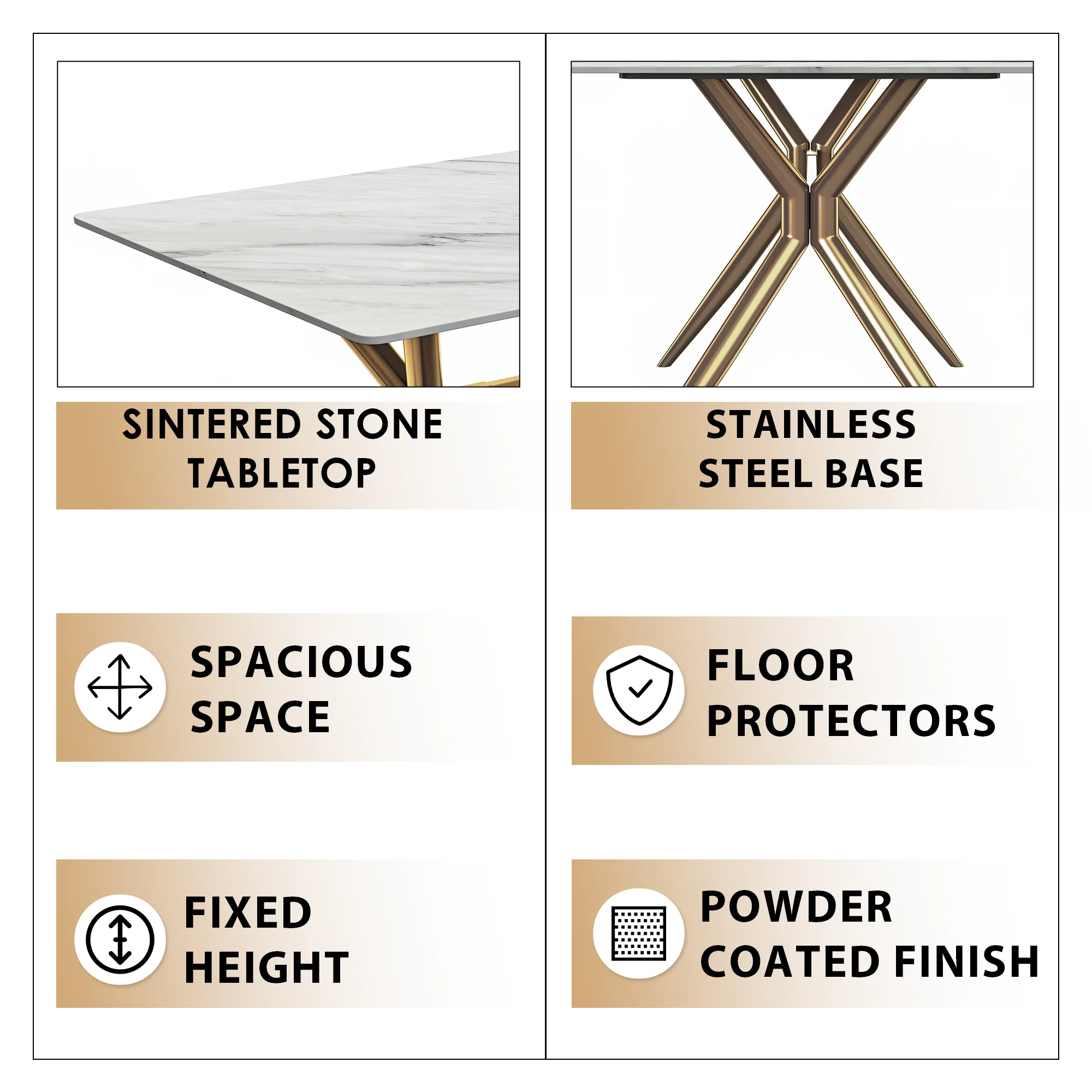 Elega Series Gold Stainless Steel Dining Table 55" With White Sintered Stone Top