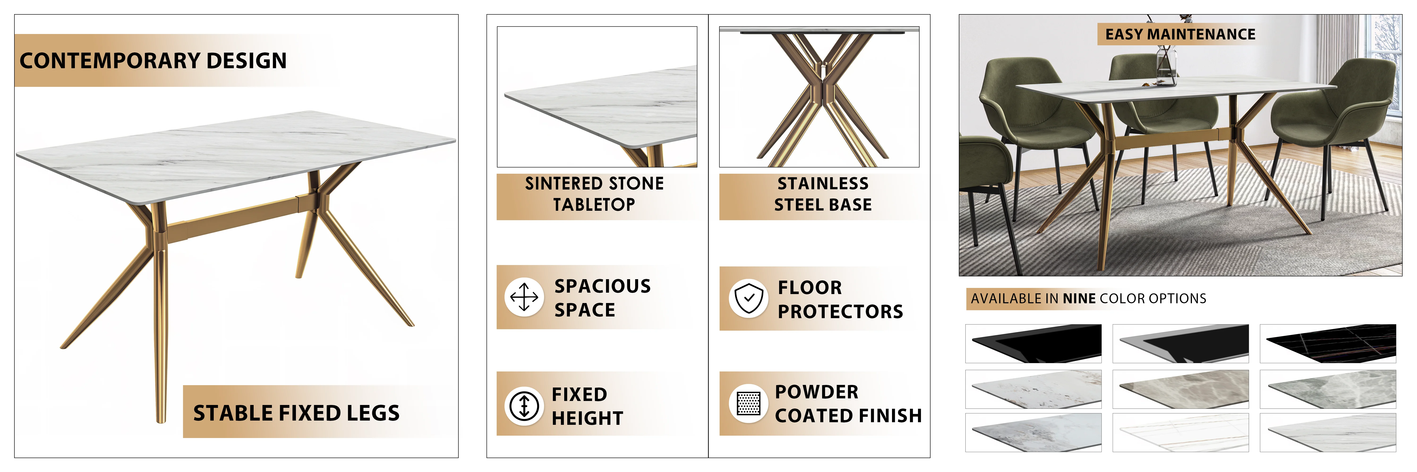 Elega Series Gold Stainless Steel Dining Table 55" With White Sintered Stone Top