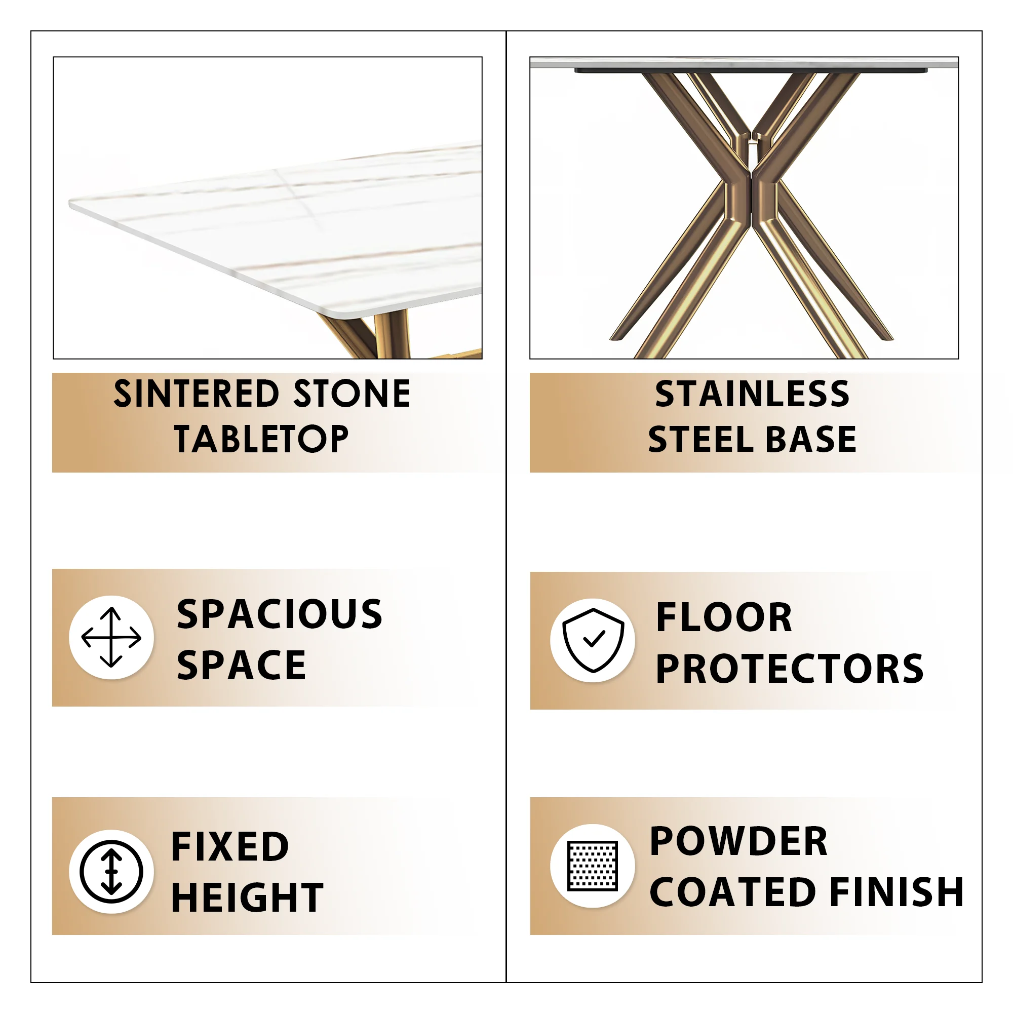 Elega Series Gold Stainless Steel Dining Table 55" With White/Gold Sintered Stone Top